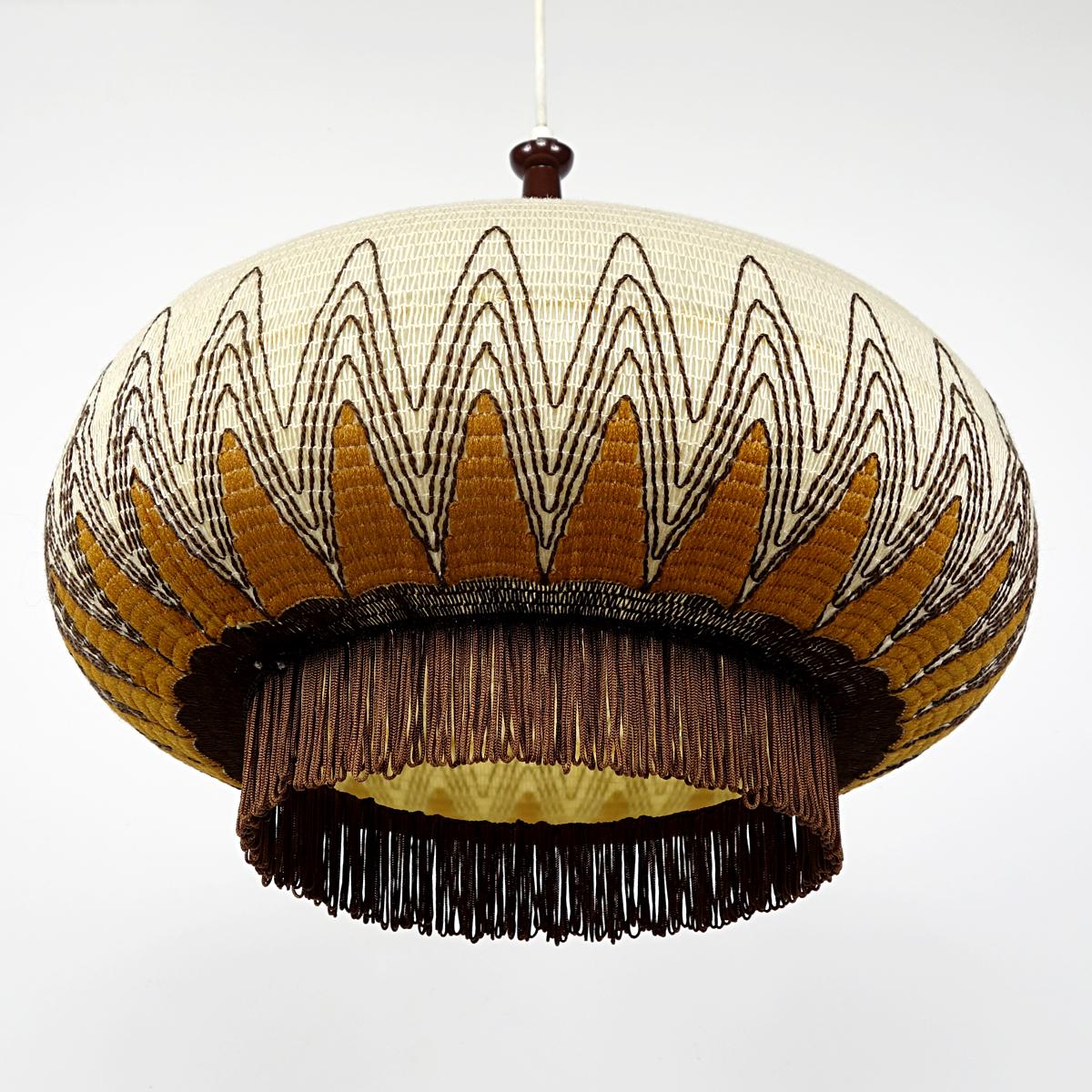 Dutch Mid-Century Modern Plastic Pendant with Embroidery and Fringes in Chinoiserie