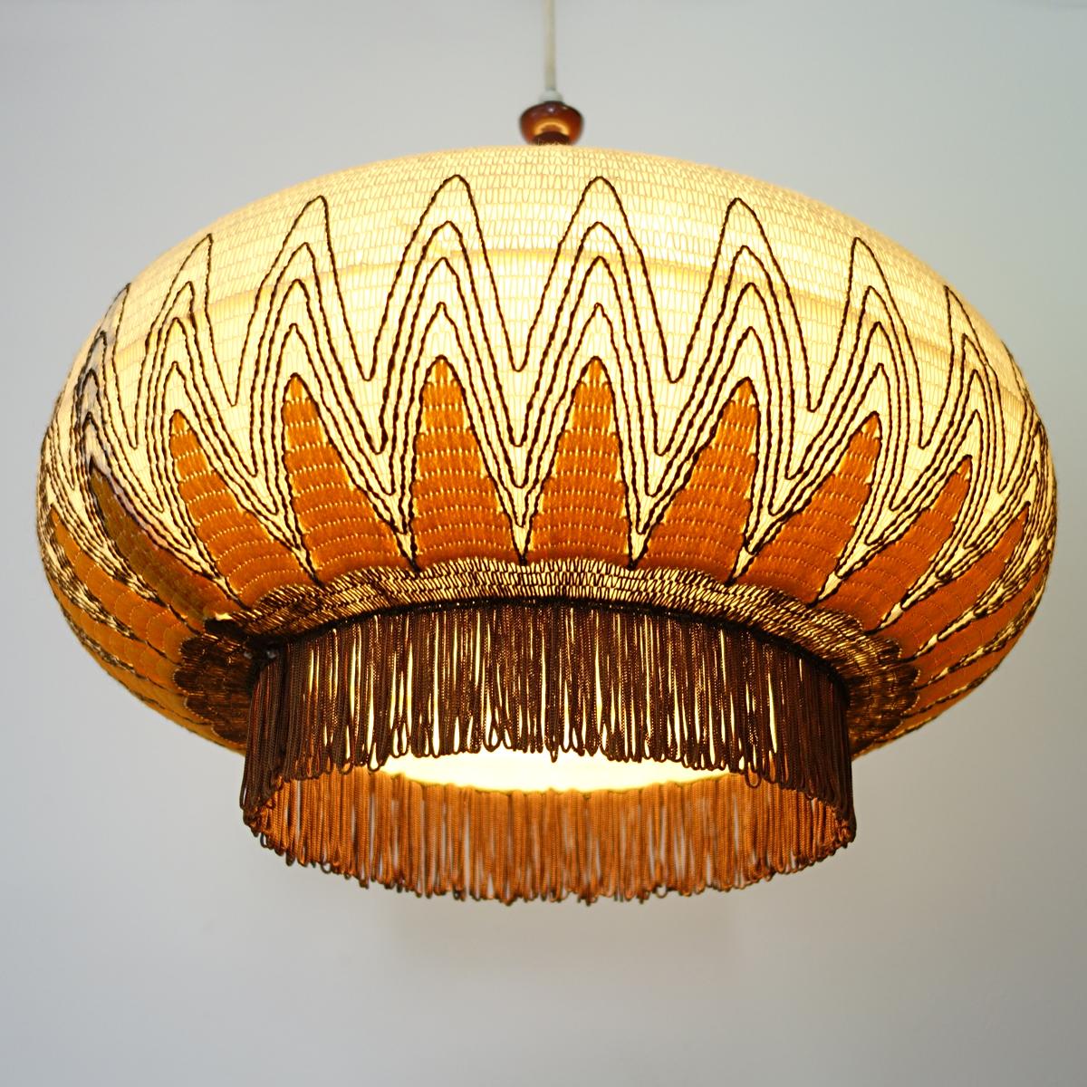 Mid-Century Modern Plastic Pendant with Embroidery and Fringes in Chinoiserie 2