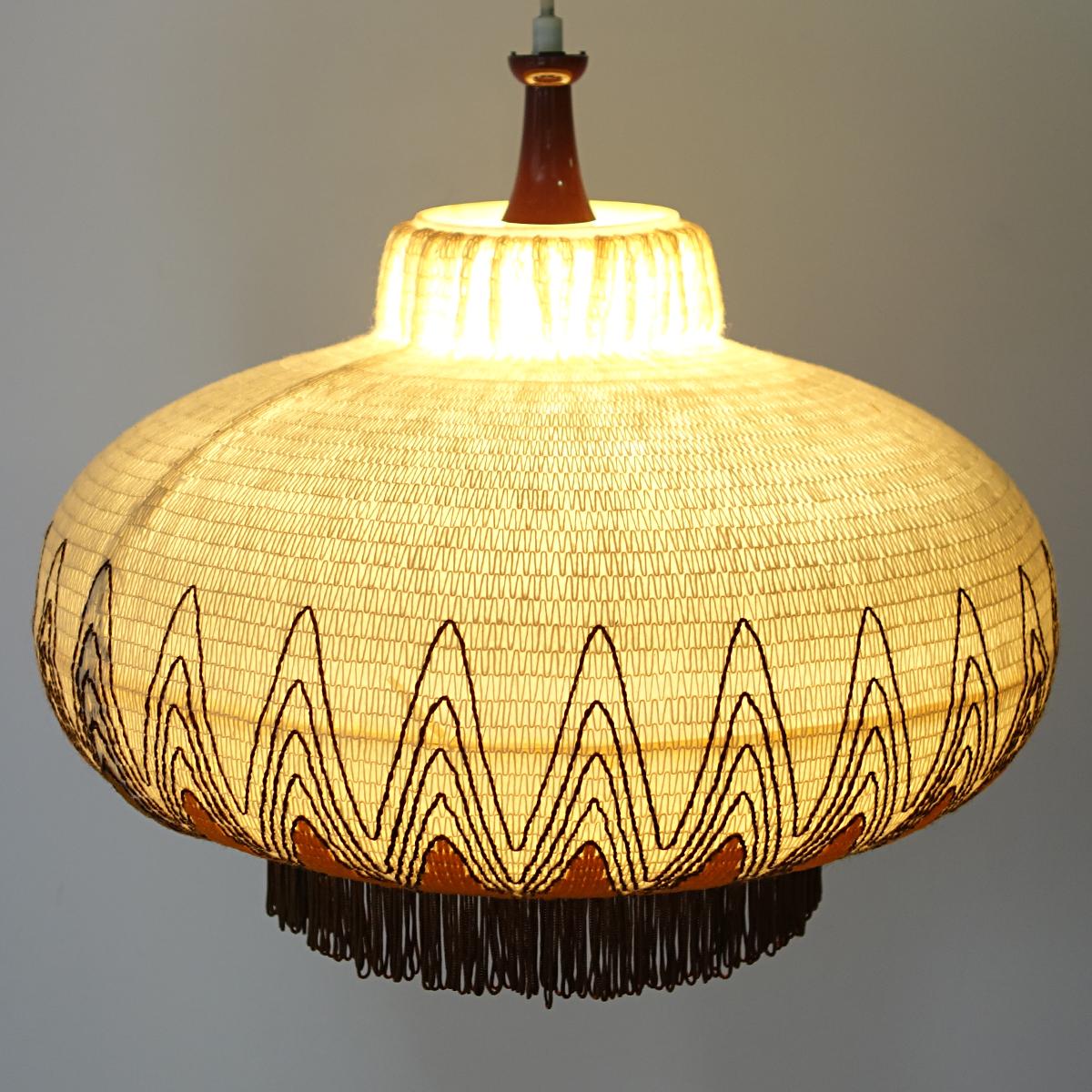 Mid-Century Modern Plastic Pendant with Embroidery and Fringes in Chinoiserie 4