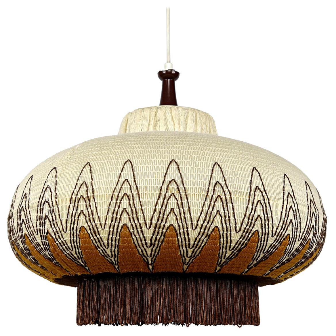 Mid-Century Modern Plastic Pendant with Embroidery and Fringes in Chinoiserie
