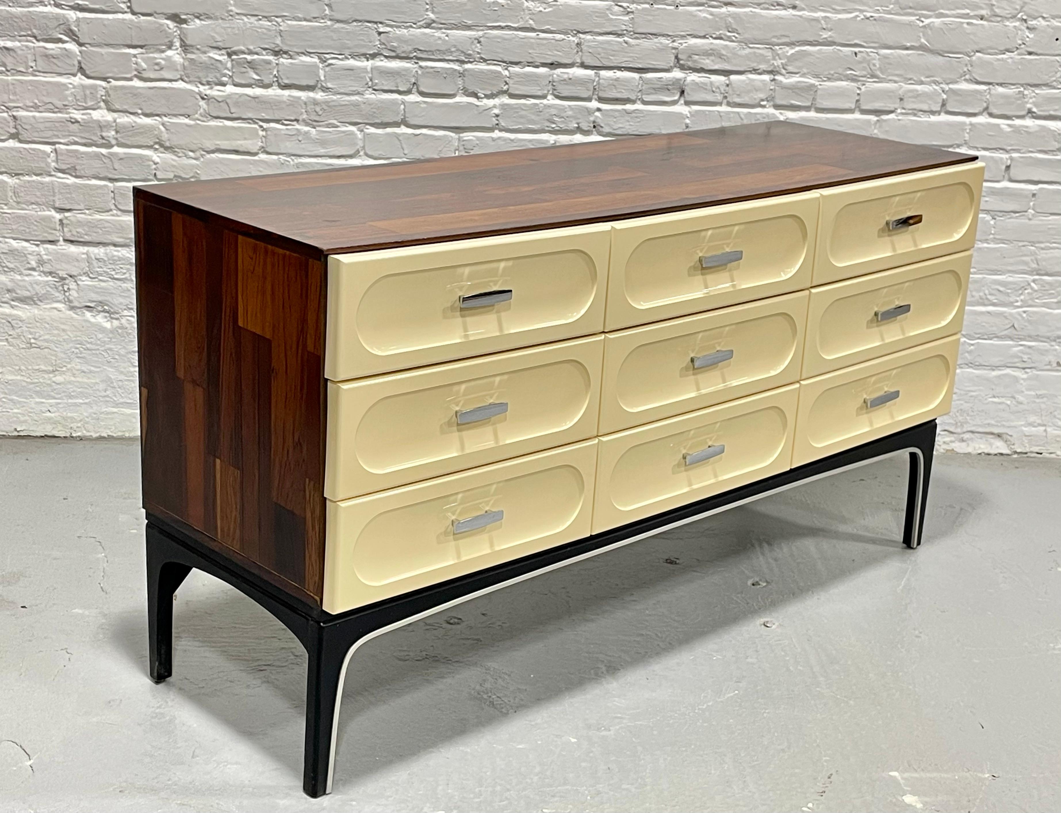 Mid Century Modern Plastic + ROSEWOOD CREDENZA / Long Dresser by Vallieres In Good Condition For Sale In Weehawken, NJ