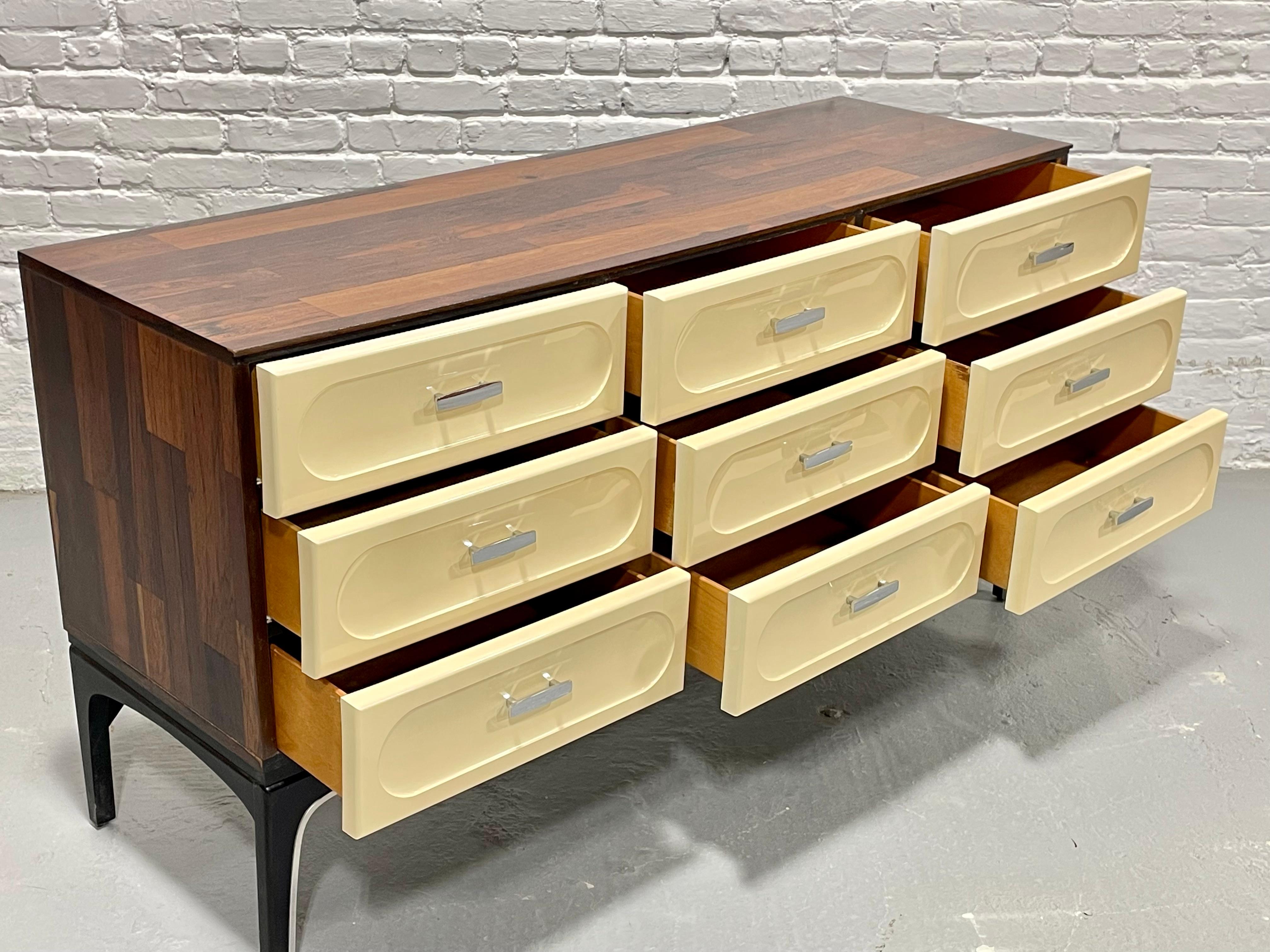 Mid Century Modern Plastic + ROSEWOOD CREDENZA / Long Dresser by Vallieres For Sale 2
