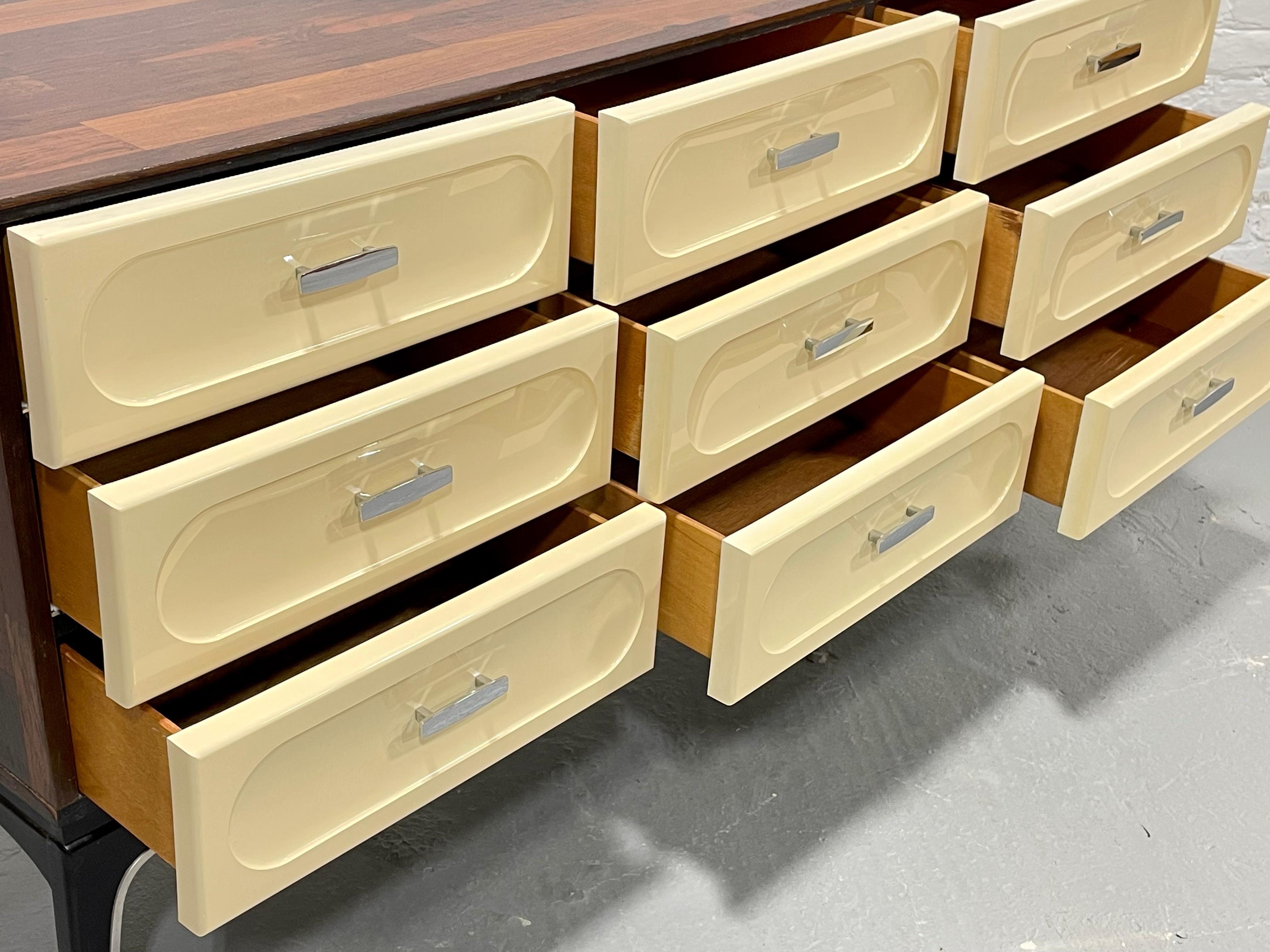 Mid Century Modern Plastic + ROSEWOOD CREDENZA / Long Dresser by Vallieres For Sale 4