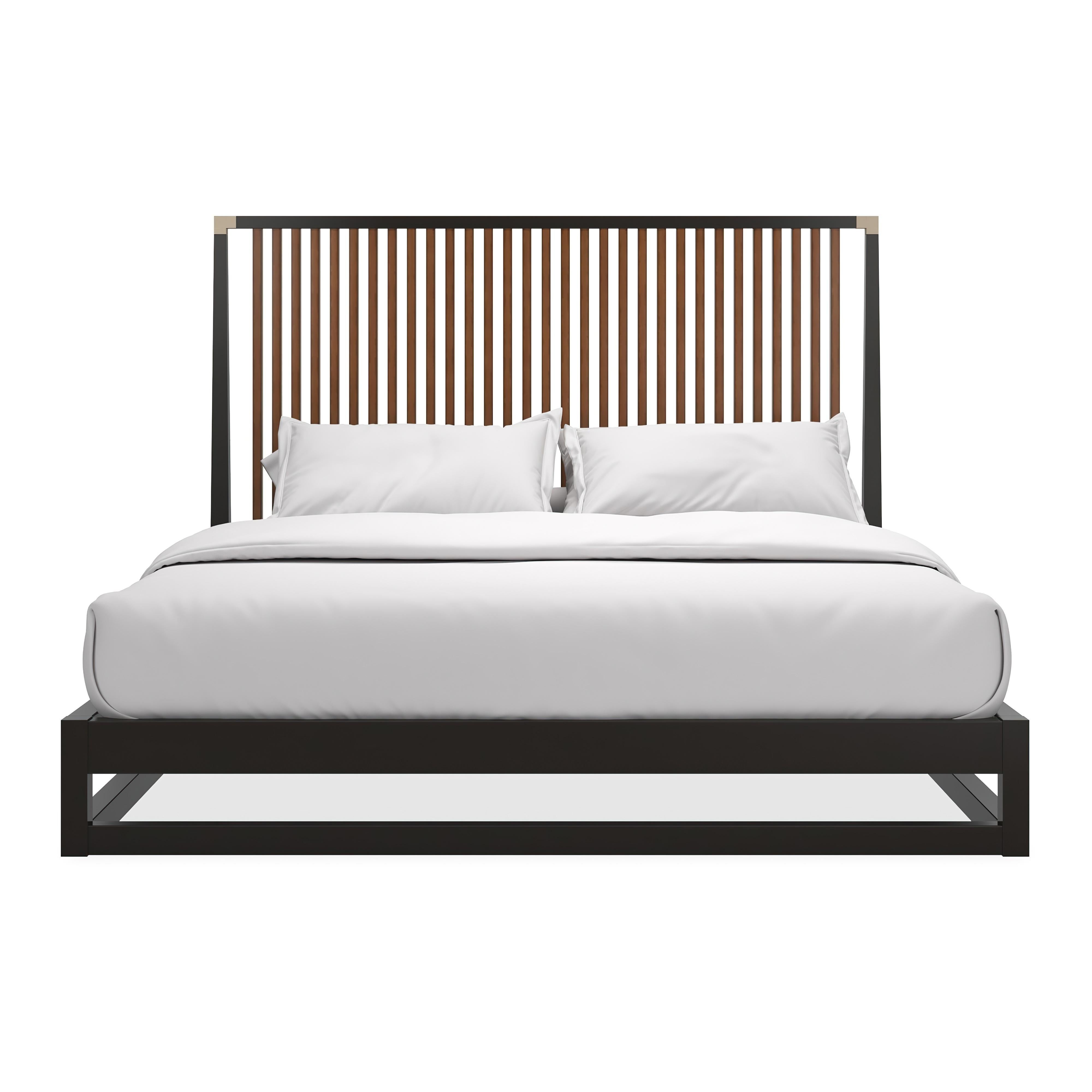 A stunning fusion of timeless elegance and modern functionality. This luxurious bed showcases a unique, raised wood-slat headboard made from premium Asian hardwood, accented by a frame in a rich Dark Chocolate finish. The inset slats, finished in a