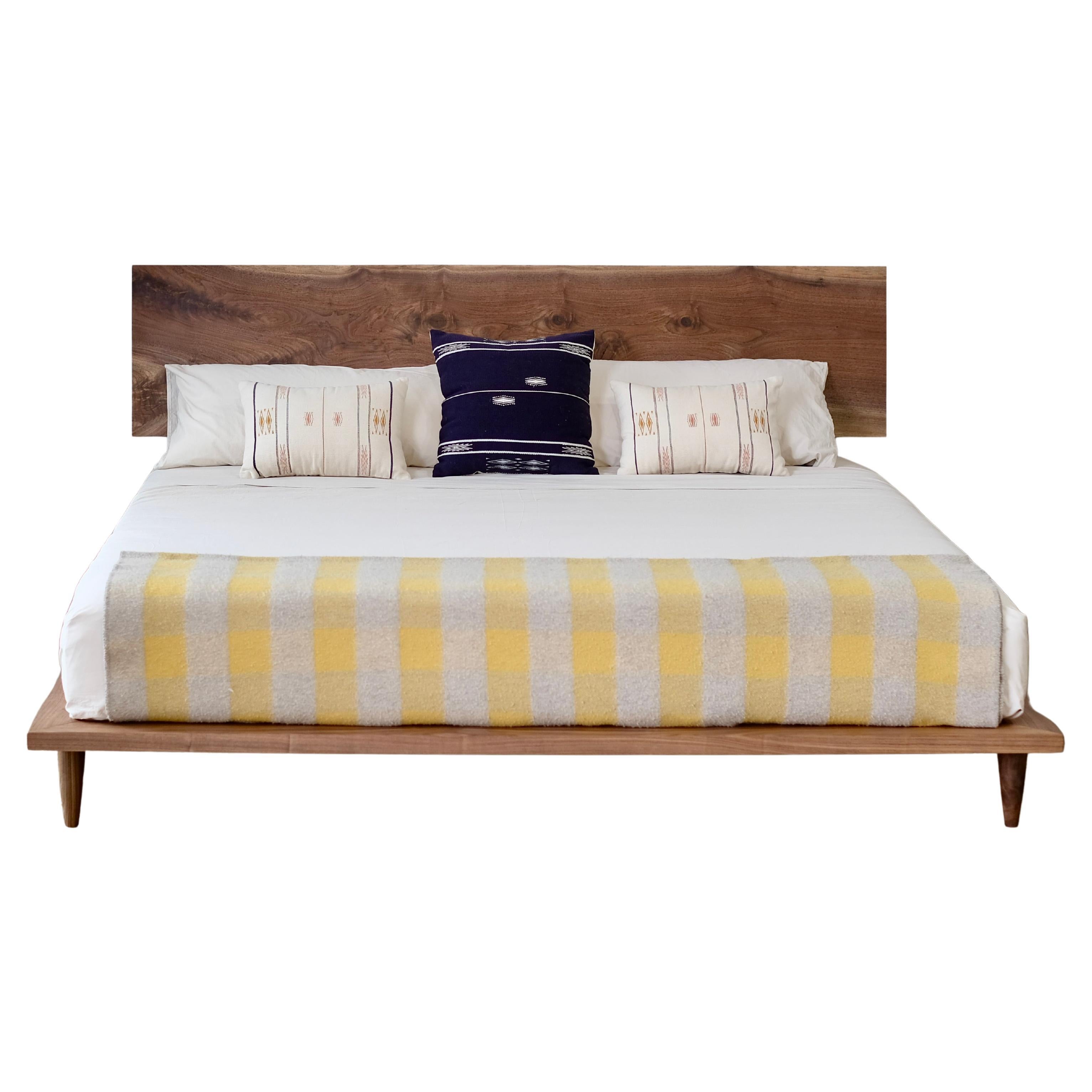 Mid Century Modern Platform Bed With Solid Wood Headboard in Walnut For Sale