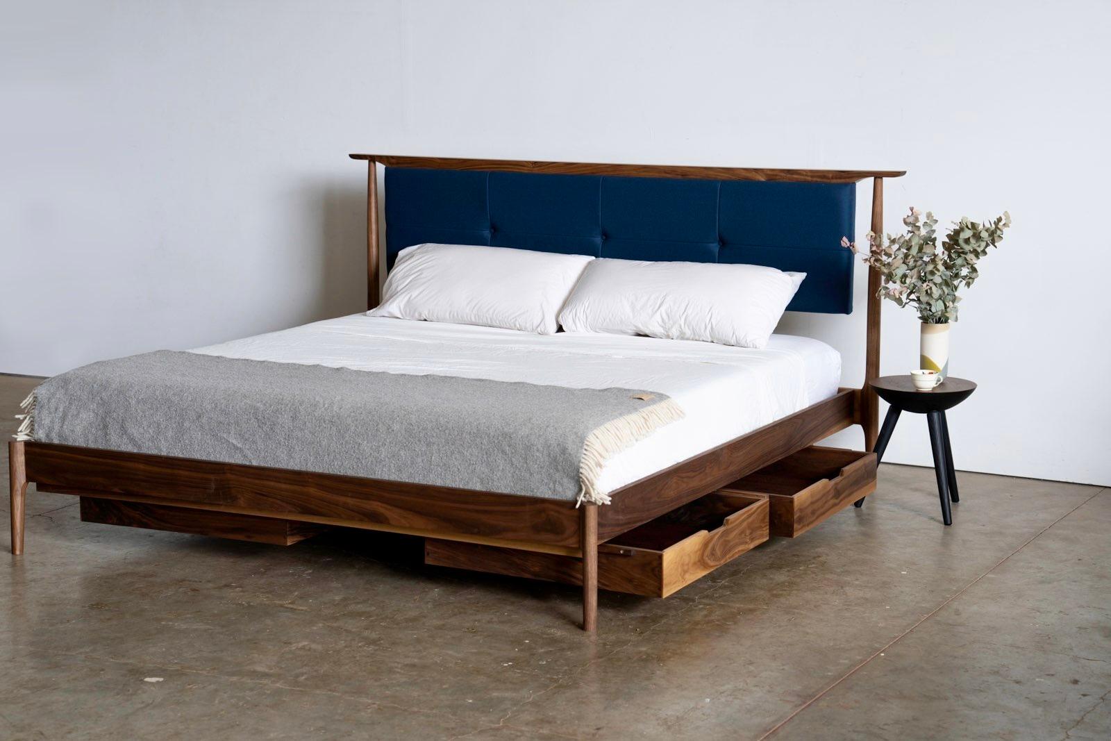 Mid Century Modern Platform Bed With Upholstered Headboard For Sale 3