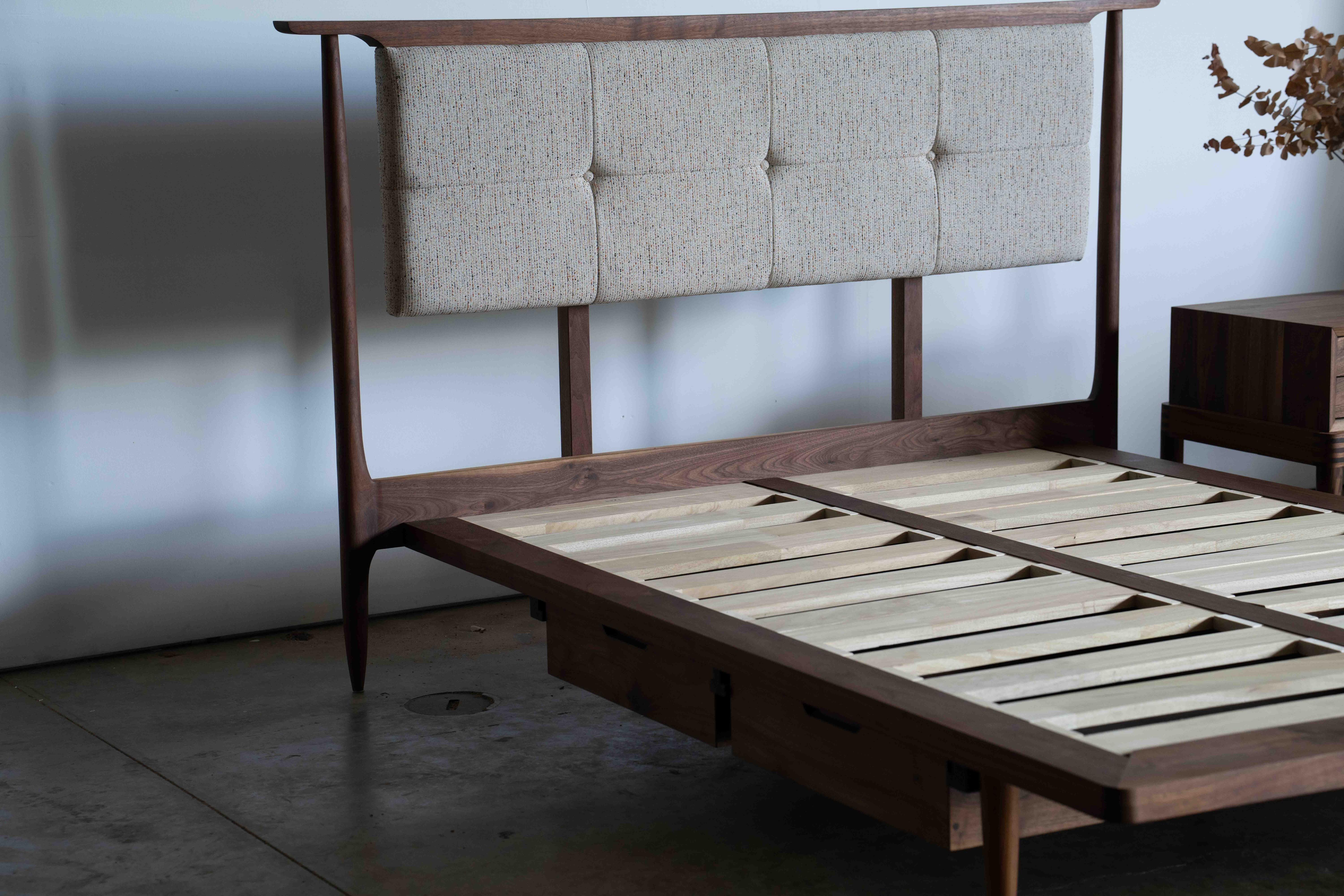 Mid Century Modern Platform Bed With Upholstered Headboard For Sale 6