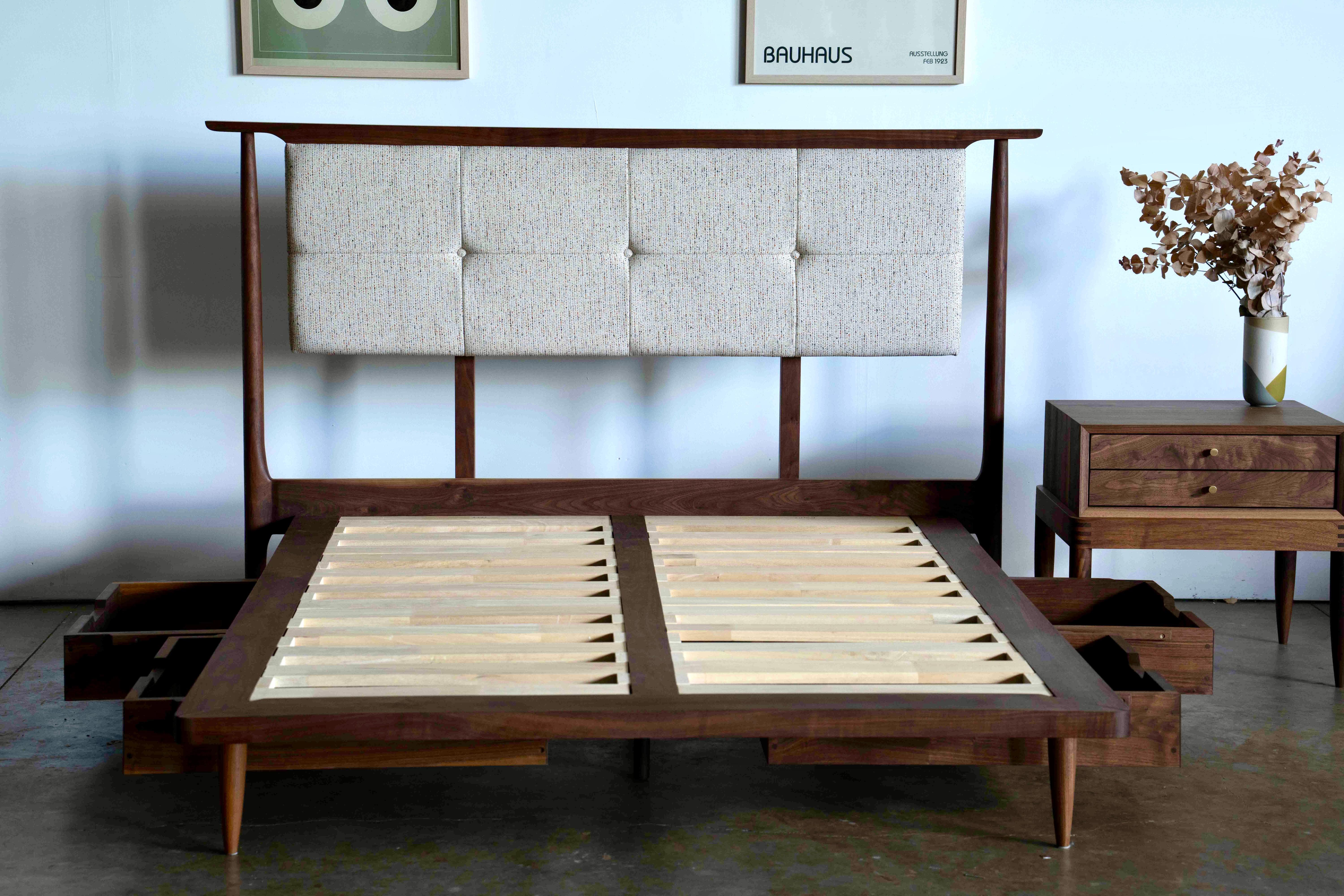 Mid Century Modern Platform Bed With Upholstered Headboard  For Sale 10
