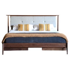 Mid Century Modern Platform Bed With Upholstered Headboard