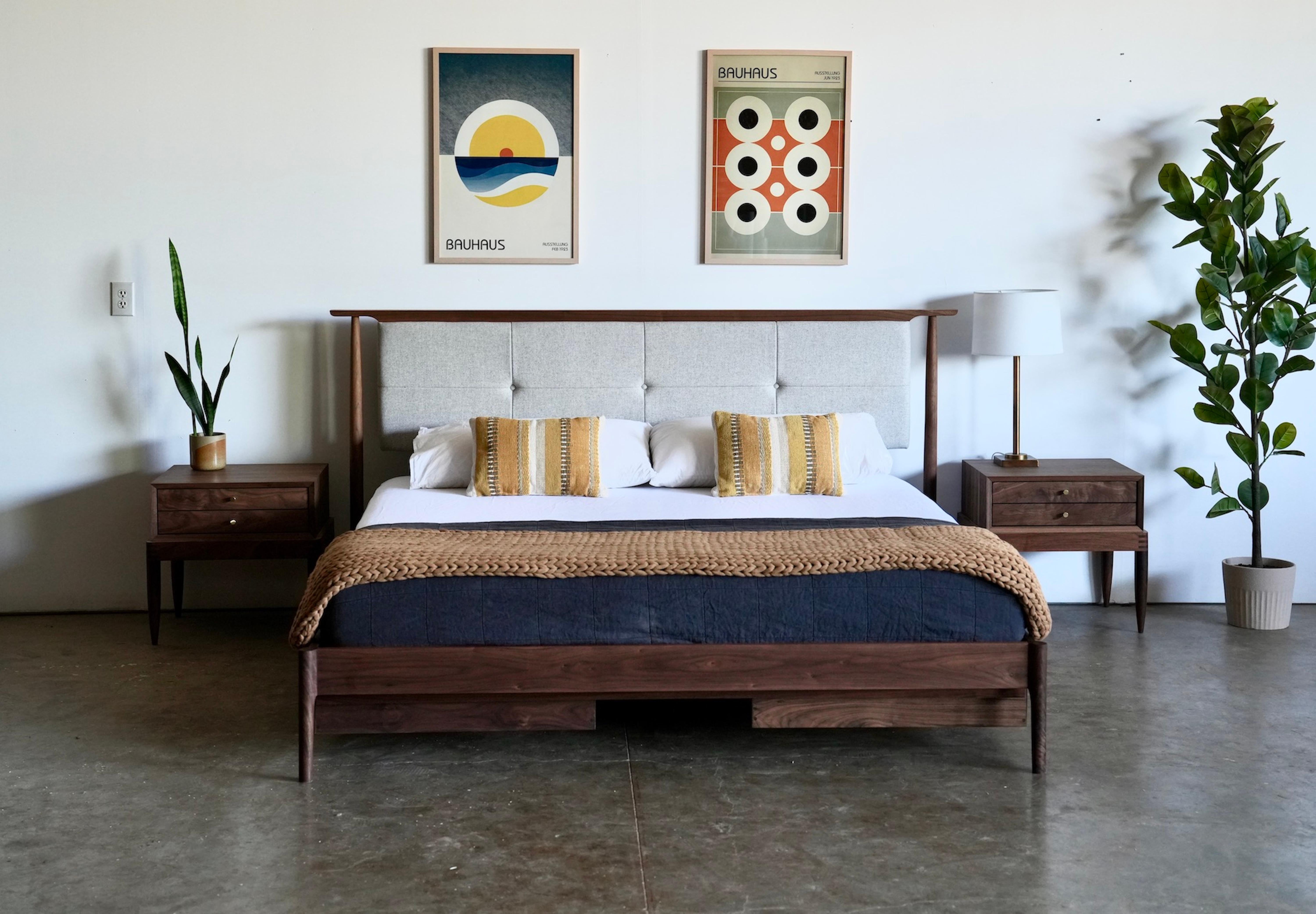 Mid-Century Modern Mid Century Modern Platform Bed With Upholstered Headboard For Sale