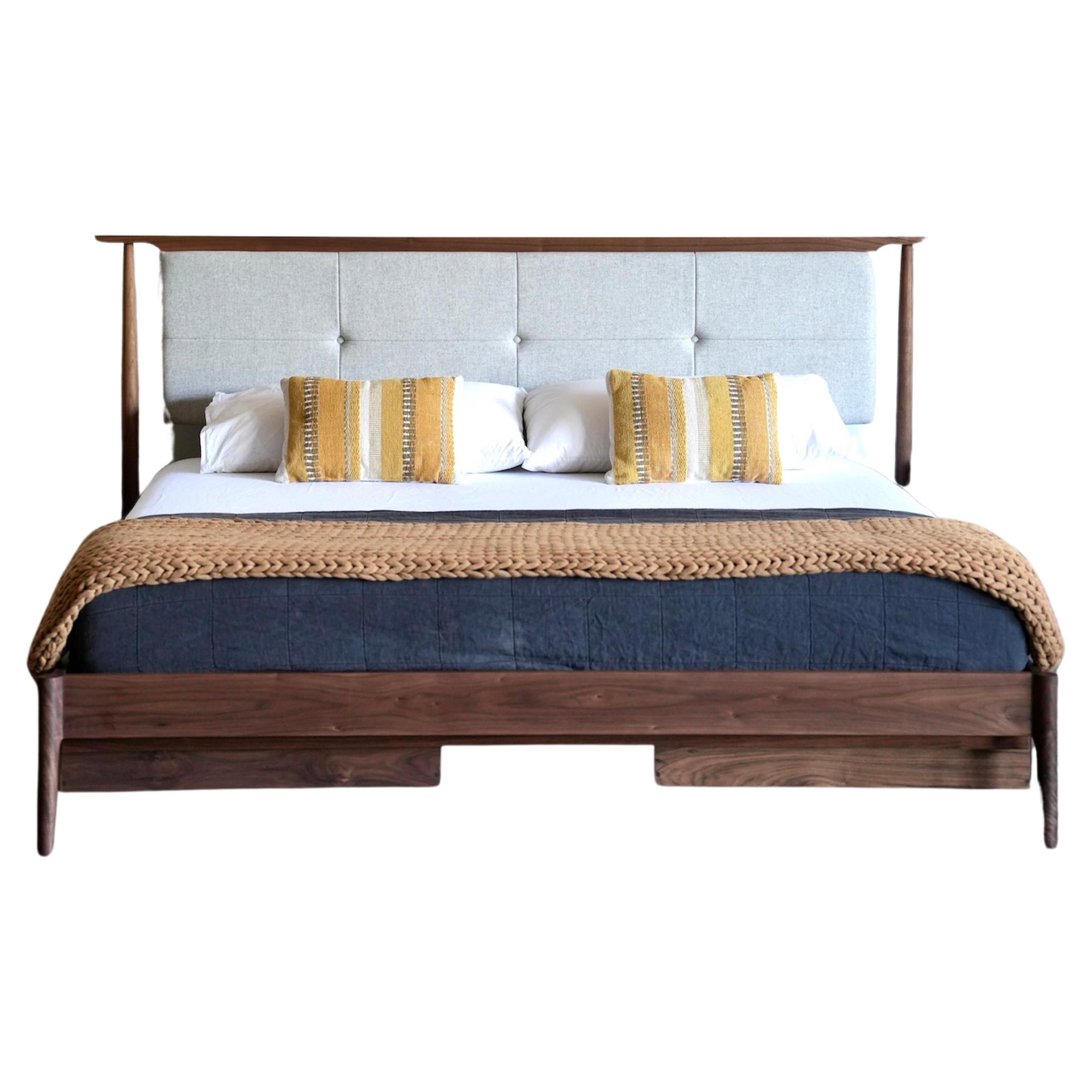 Mid-Century Modern Mid Century Modern Platform Bed With Upholstered Headboard For Sale