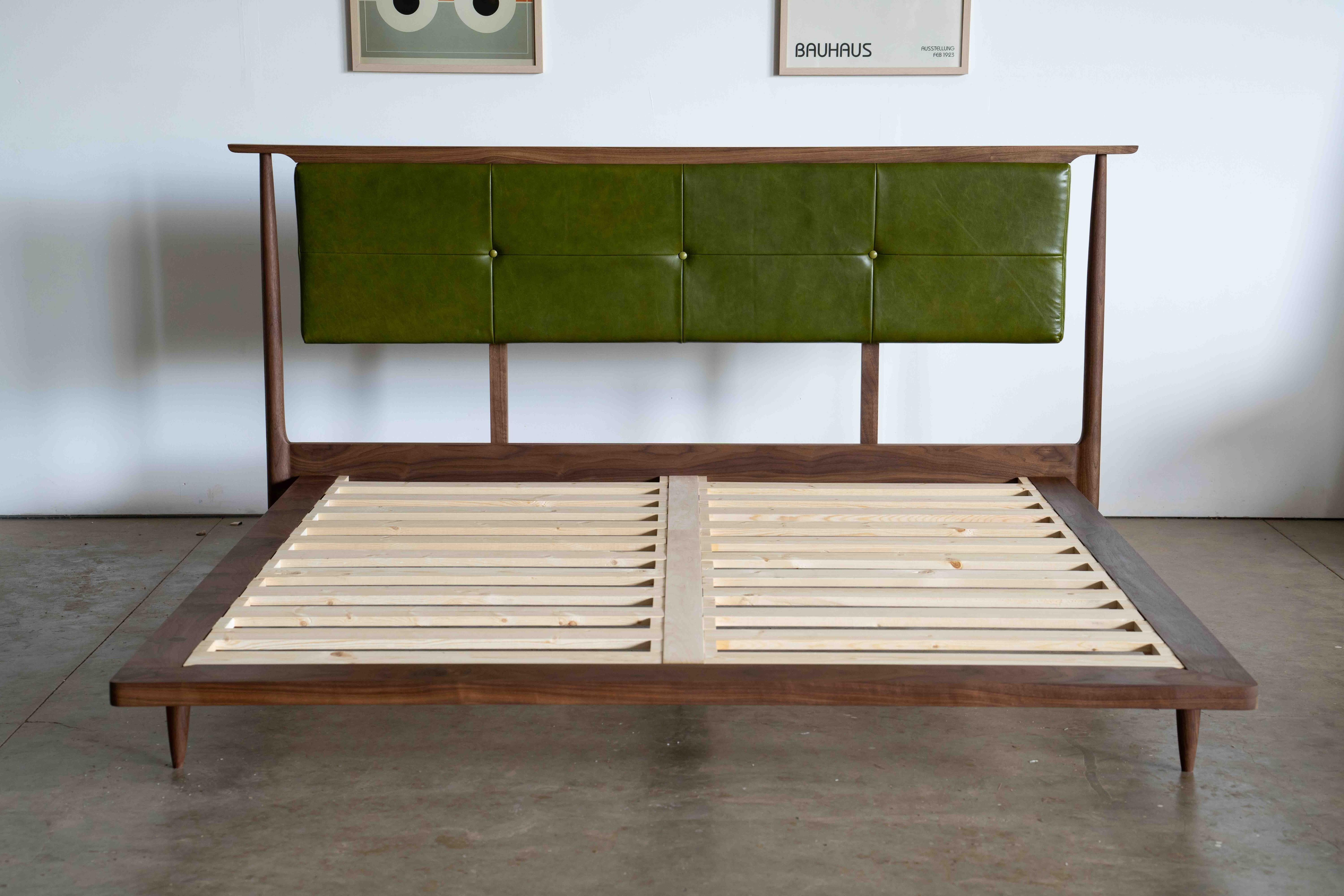 Contemporary Mid Century Modern Platform Bed With Upholstered Headboard  For Sale