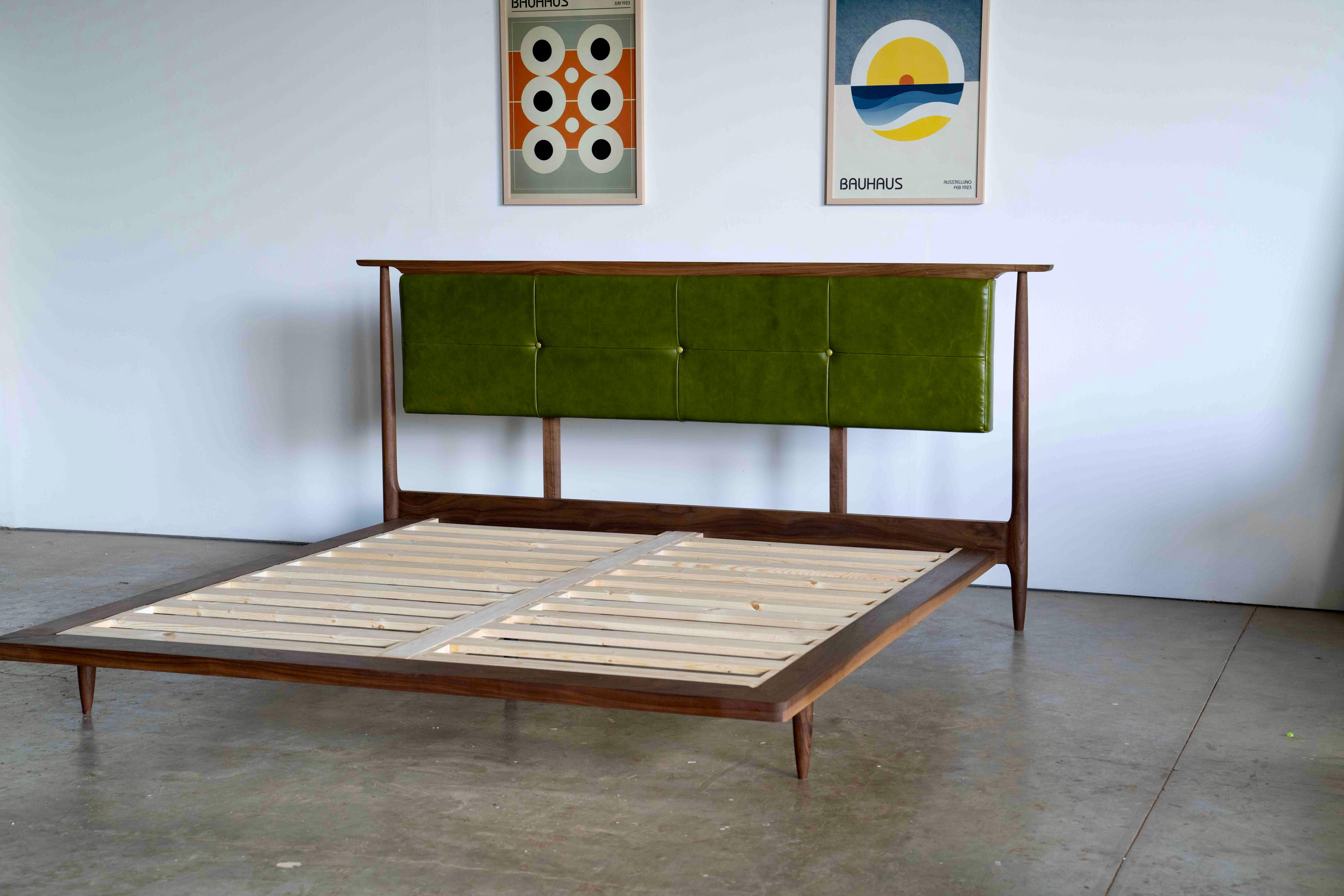 Mid Century Modern Platform Bed With Upholstered Headboard  For Sale 1