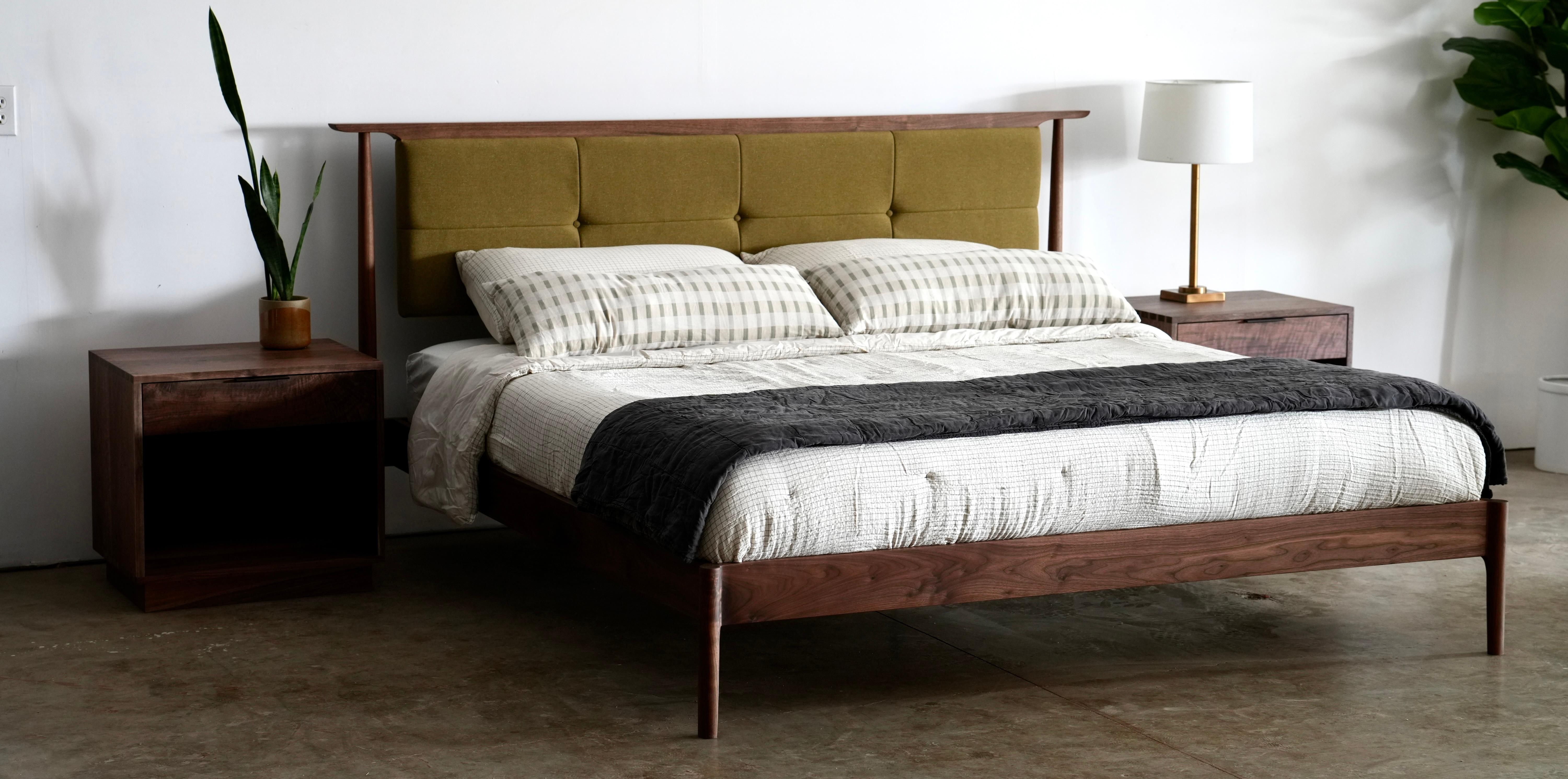 Walnut Mid Century Modern Platform Bed With Upholstered Headboard For Sale