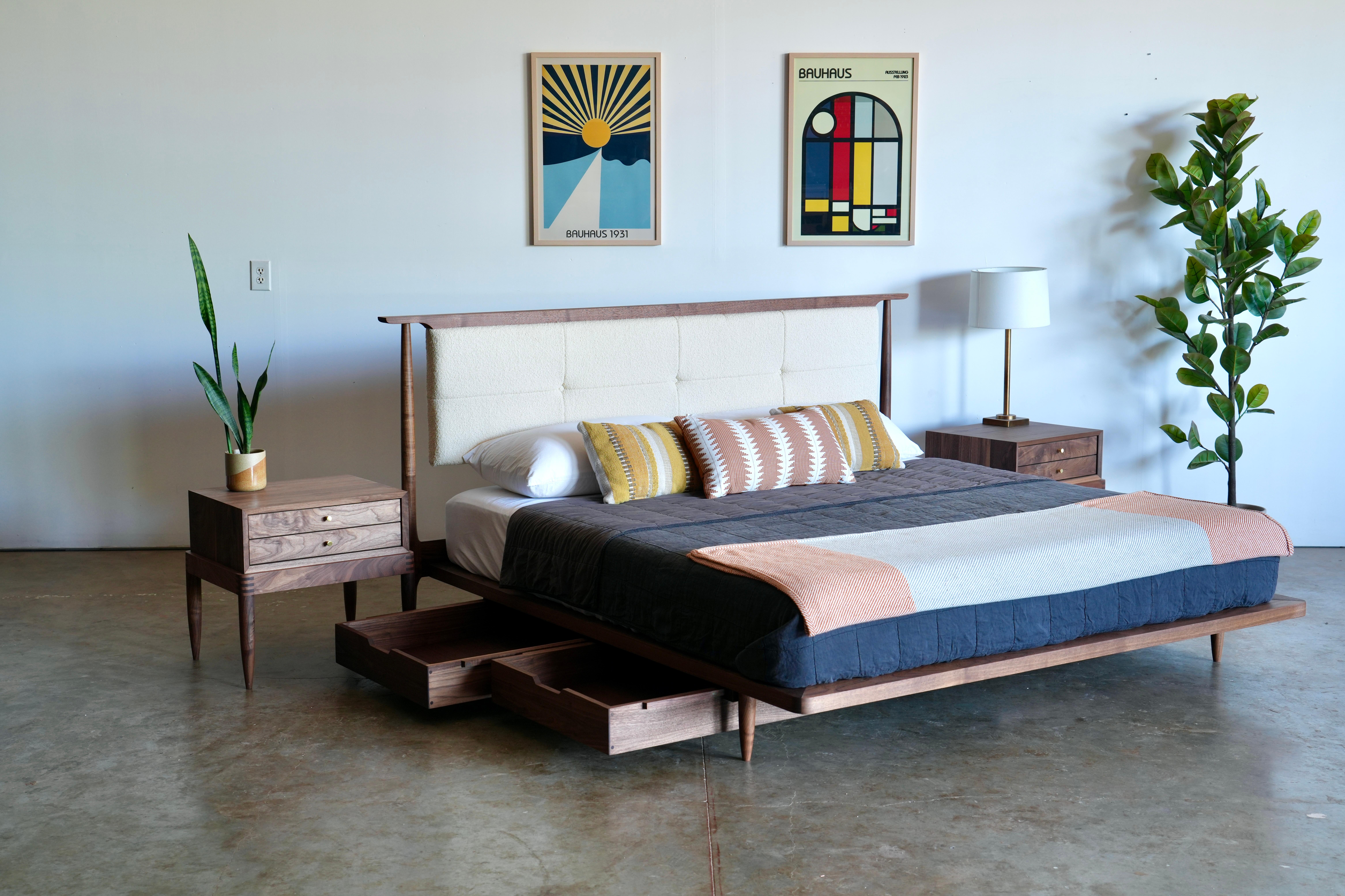 Mid Century Modern Platform Bed With Upholstered Headboard  For Sale 2