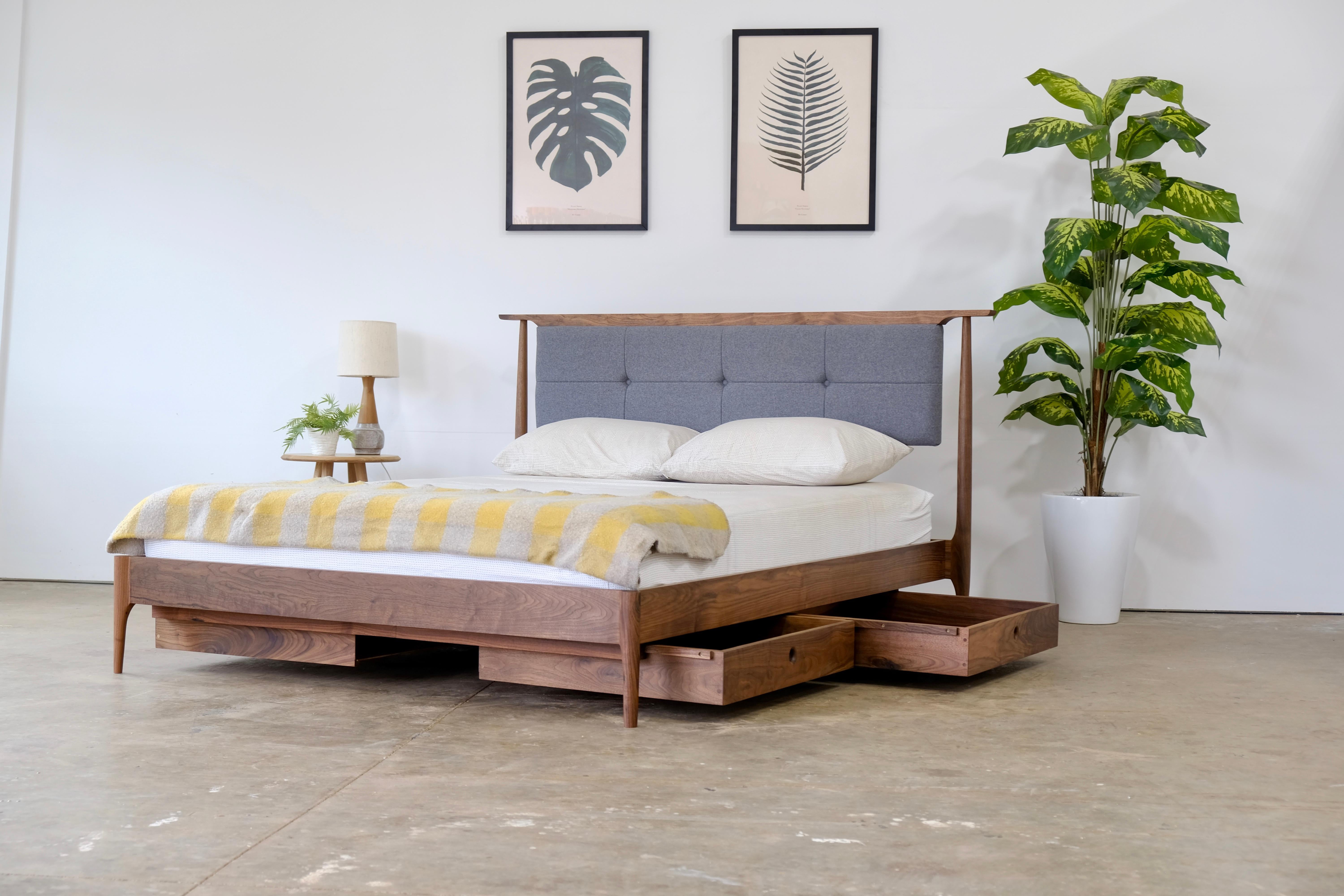 Mid Century Modern Platform Bed With Upholstered Headboard For Sale 1