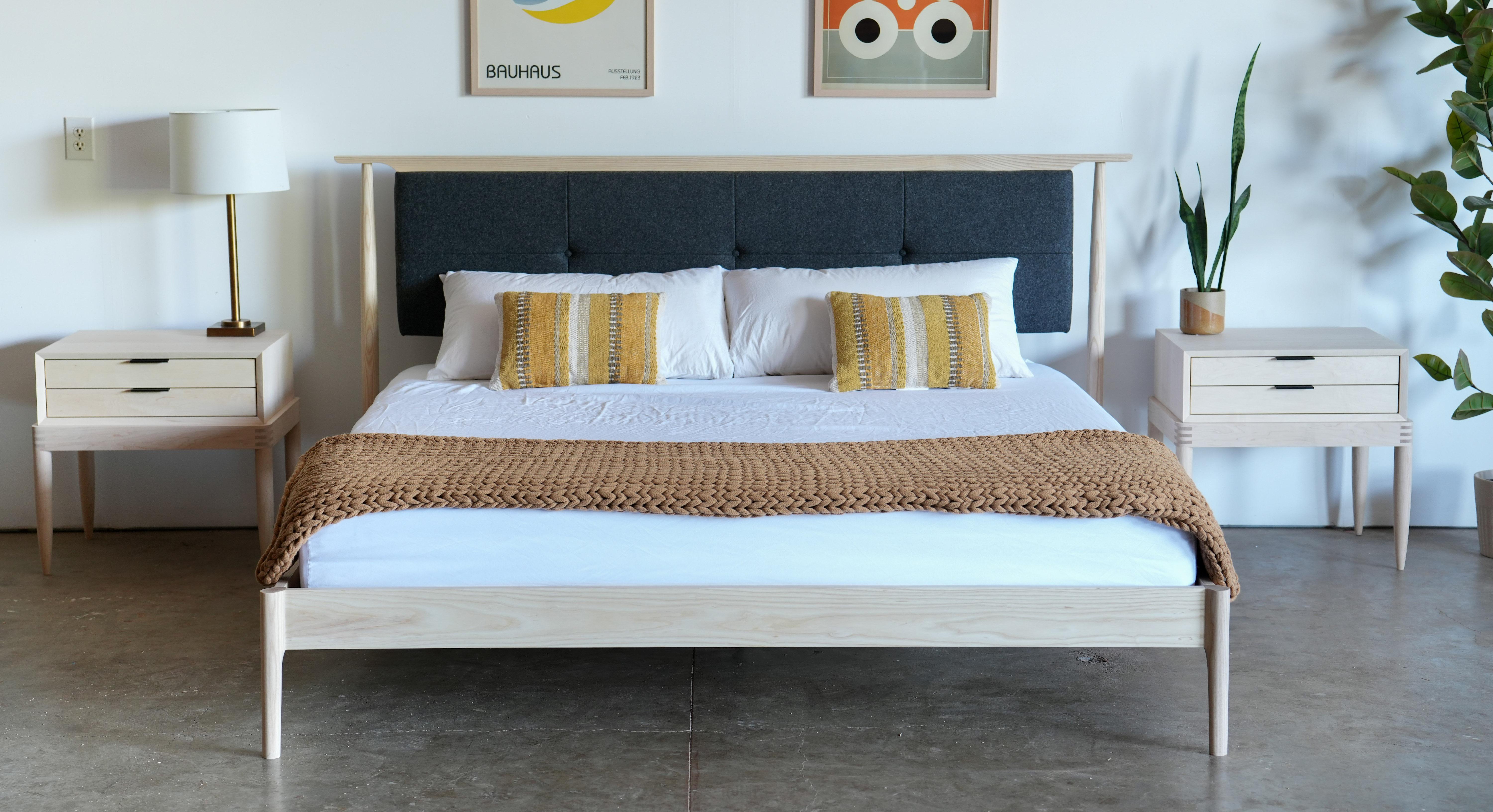 Mid Century Modern Platform Bed With Upholstered Headboard For Sale 2
