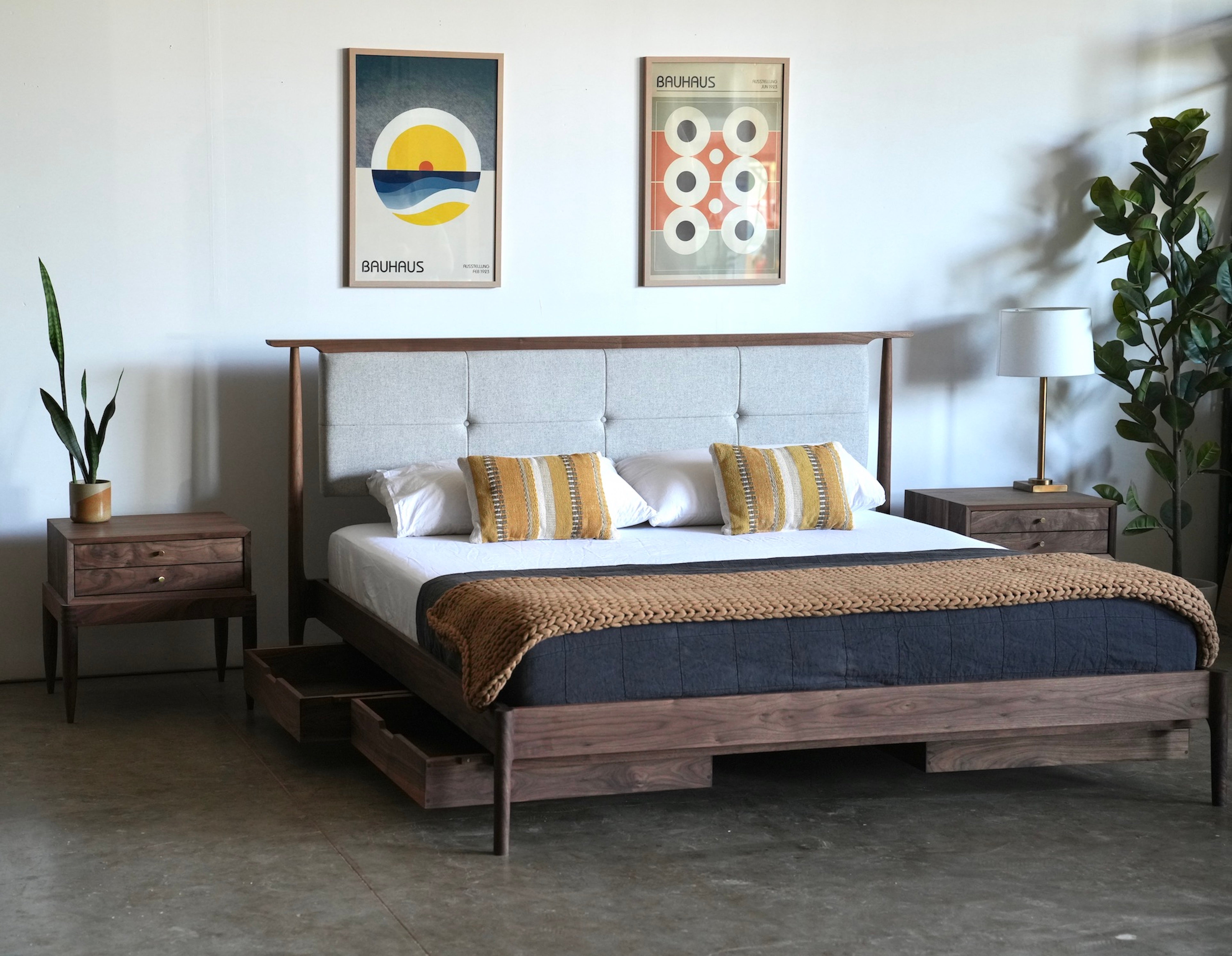 Mid Century Modern Platform Bed With Upholstered Headboard For Sale