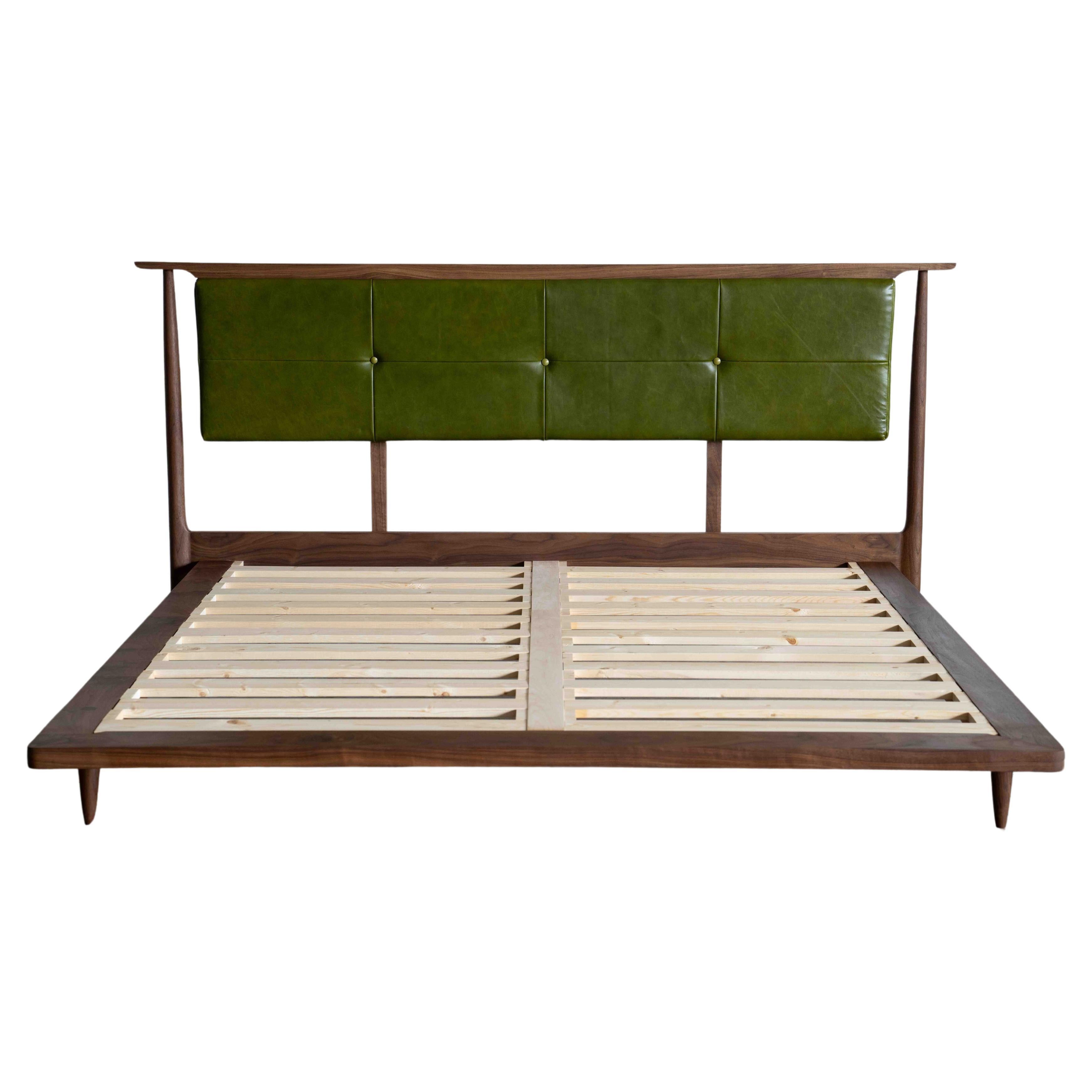 Mid Century Modern Platform Bed With Upholstered Headboard  For Sale