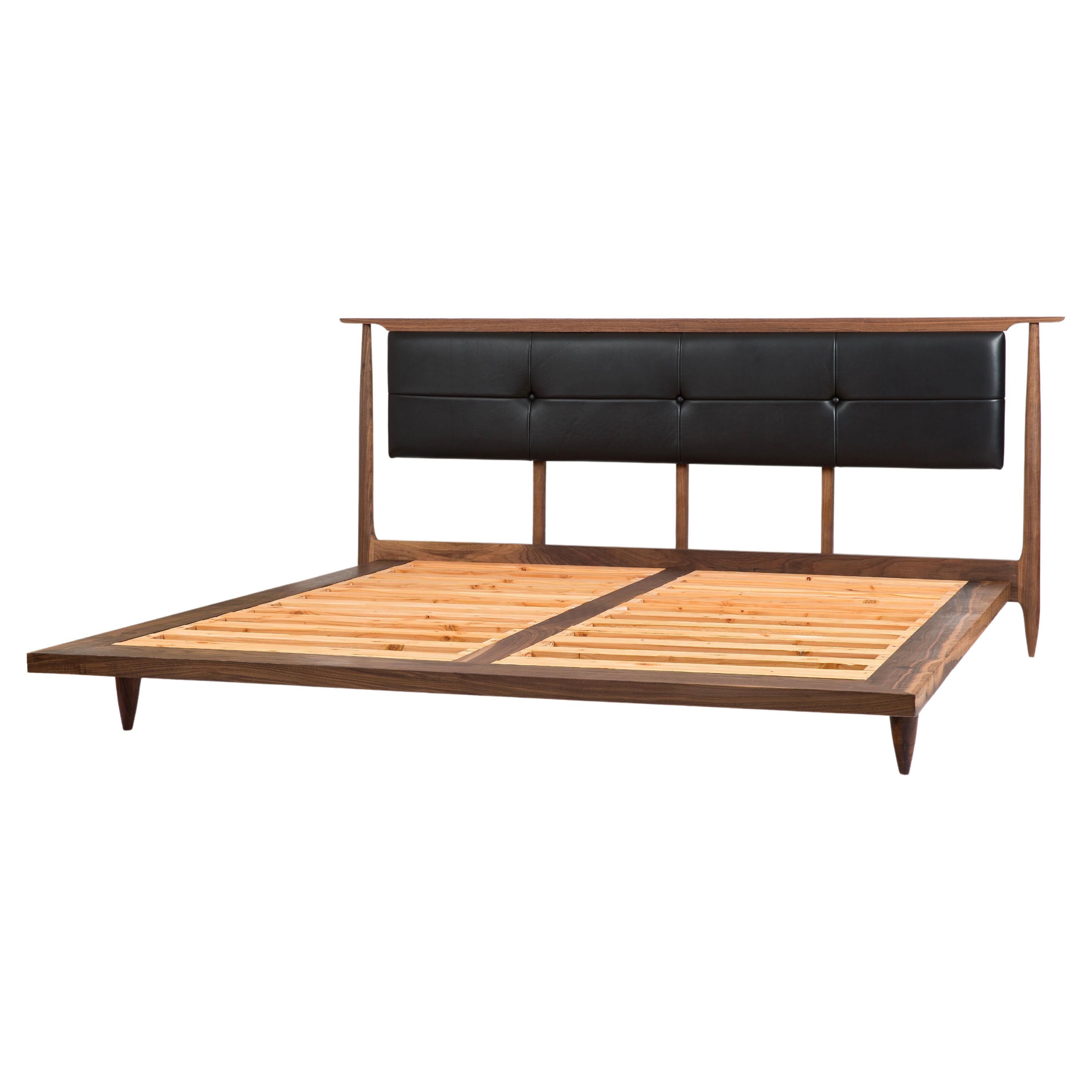 Mid Century Modern Platform Bed With Upholstered Headboard