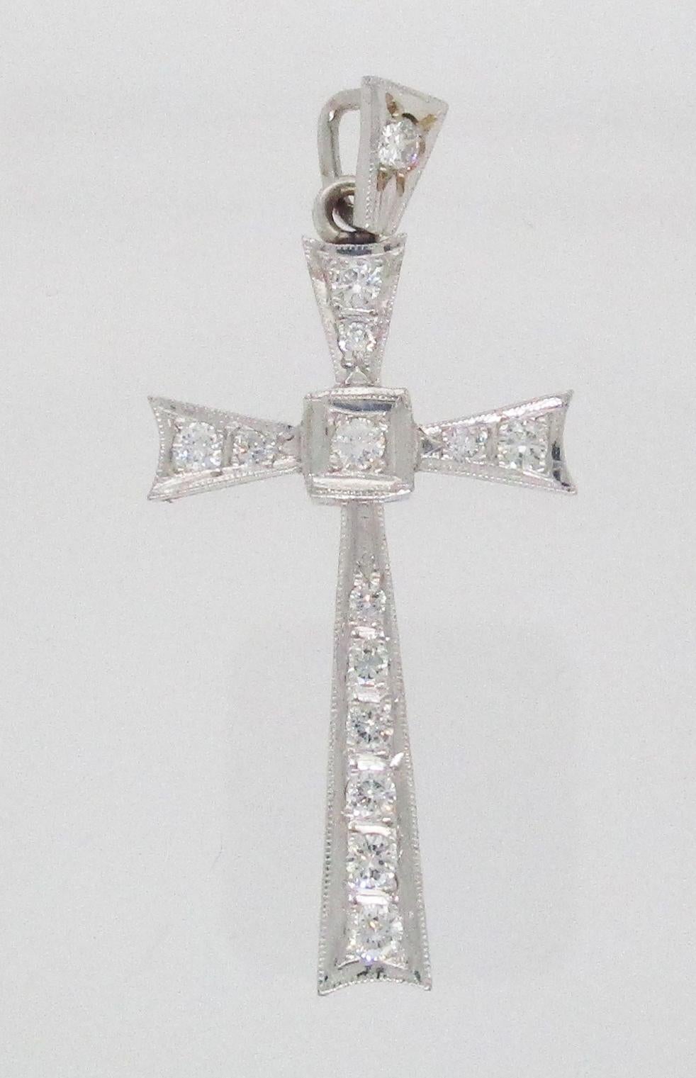 Round Cut Mid-Century Modern Platinum and Diamond Cross Pendant