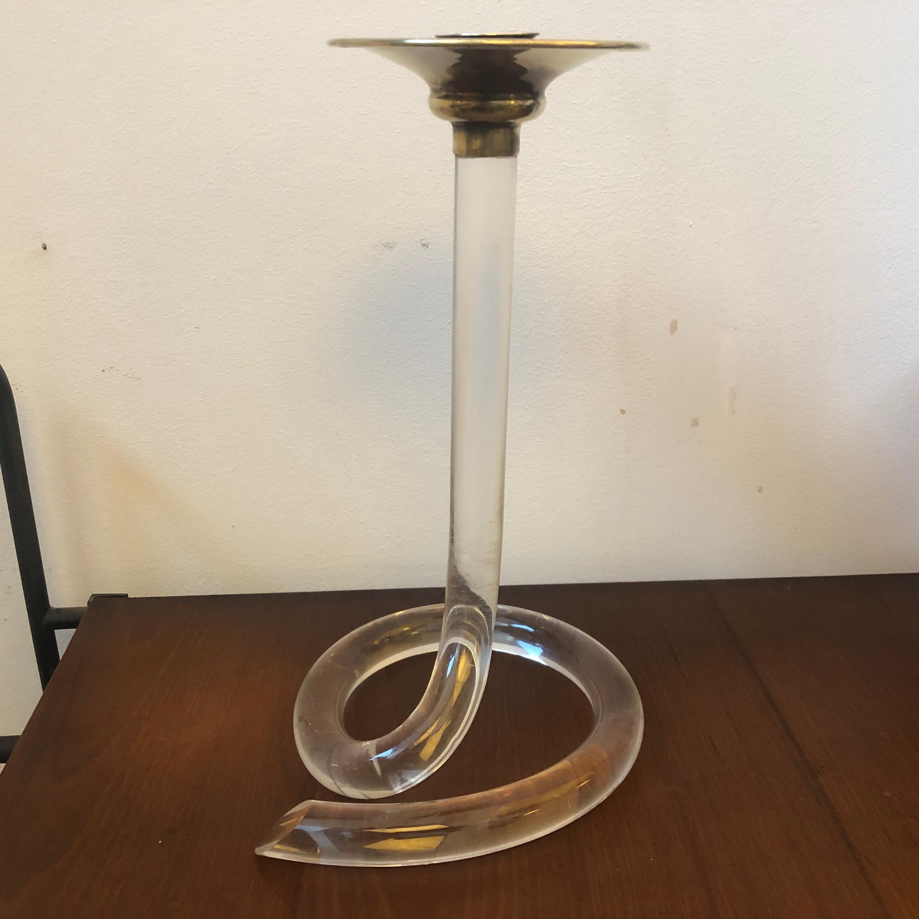 A stylish candlestick made in Italy in the 1970s, plexiglass is in perfect condition, brass is in original patina.