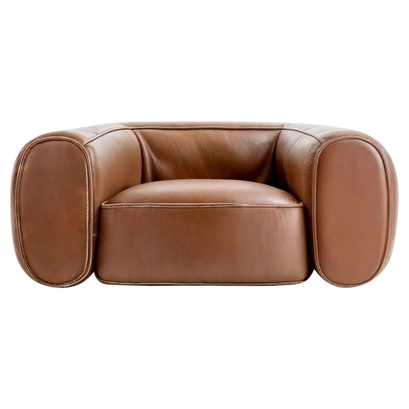 Fauteuil en cuir pelucheux Retro Caramel Warm Light Brown Mid-Century Style Modern
