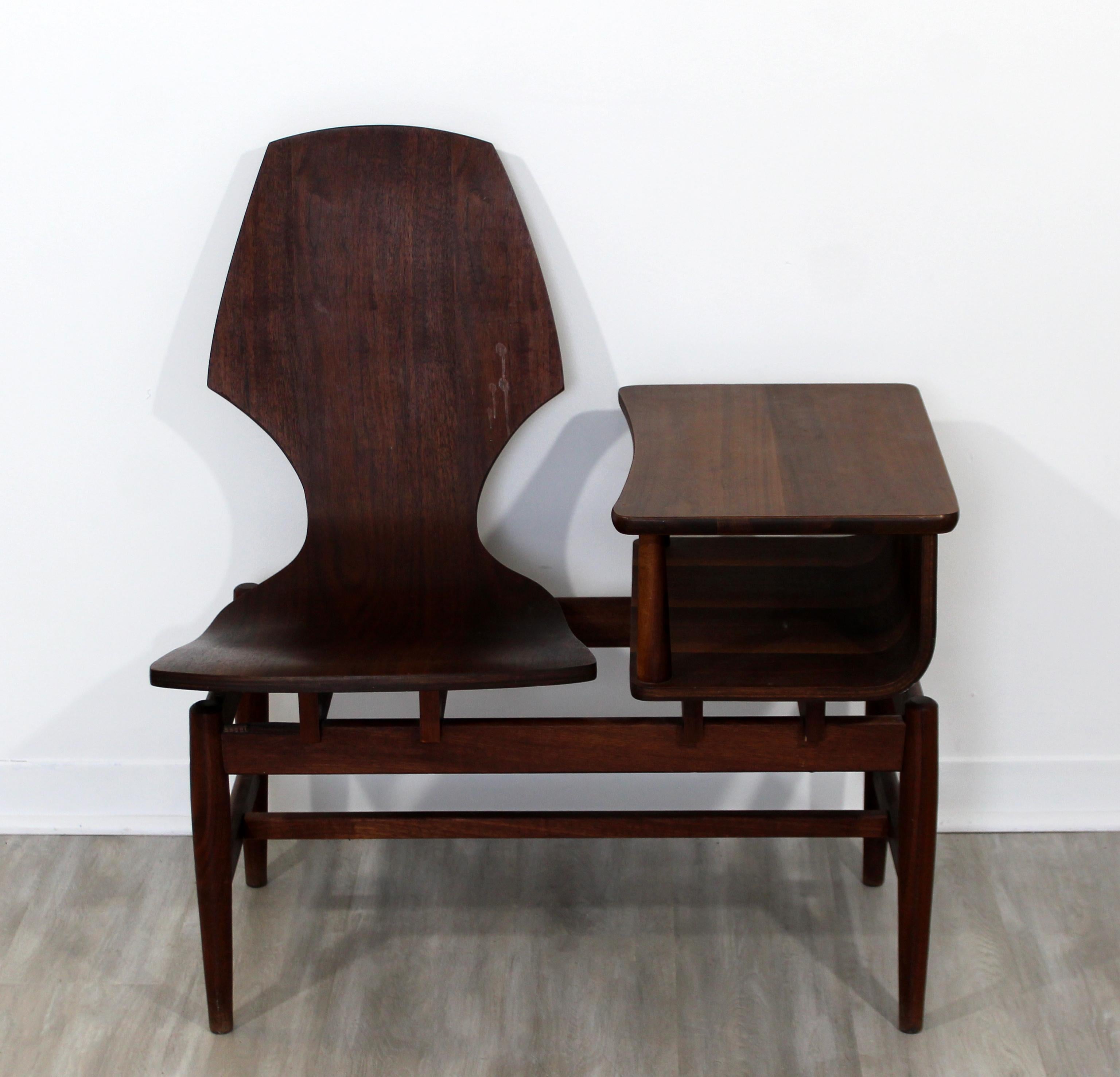 For your consideration is a gorgeous, original, Plycraft bentwood walnut wood telephone chair table, circa 1950s. In excellent vintage condition. The dimensions of the chair are 17.5