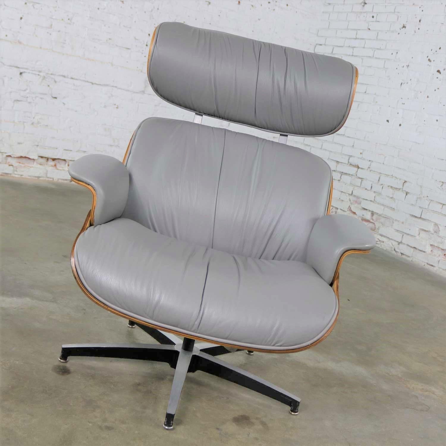 Aluminum Midcentury Modern Plycraft Lounge Chair and Ottoman in Gray and Walnut