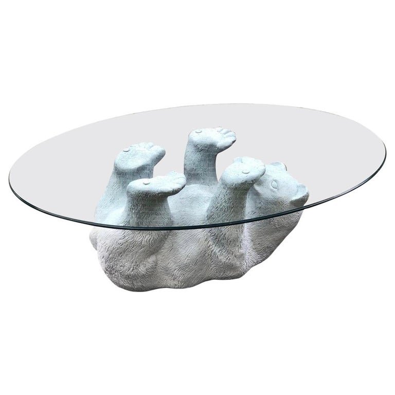 Mid-Century Modern Polar Bear Cub Cocktail Coffee Table Oval Glass Top at  1stDibs
