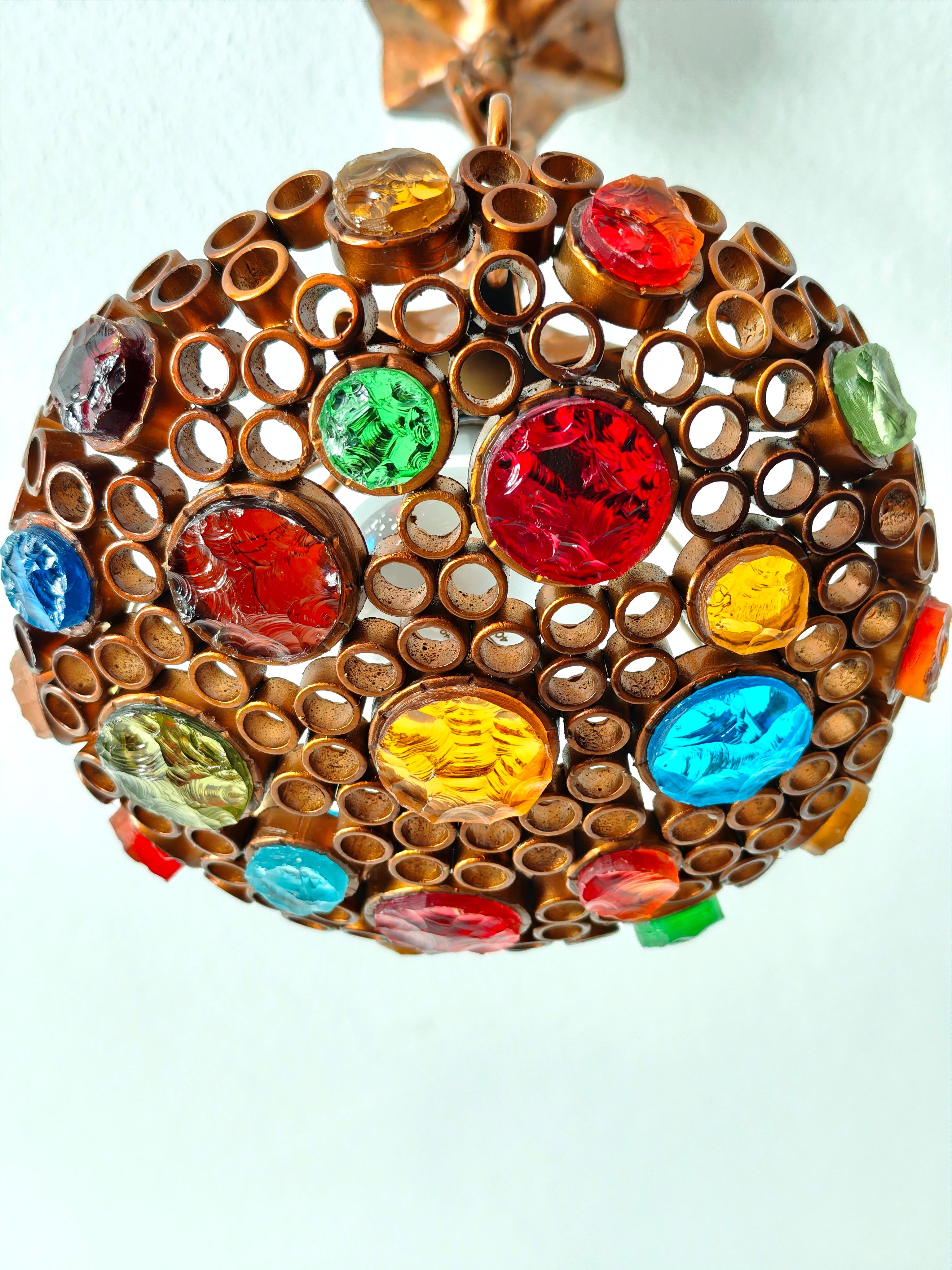 20ième siècle Lustre Poliarte du milieu du siècle dernier Fer et verre martelé Design/One Italie années 70 en vente