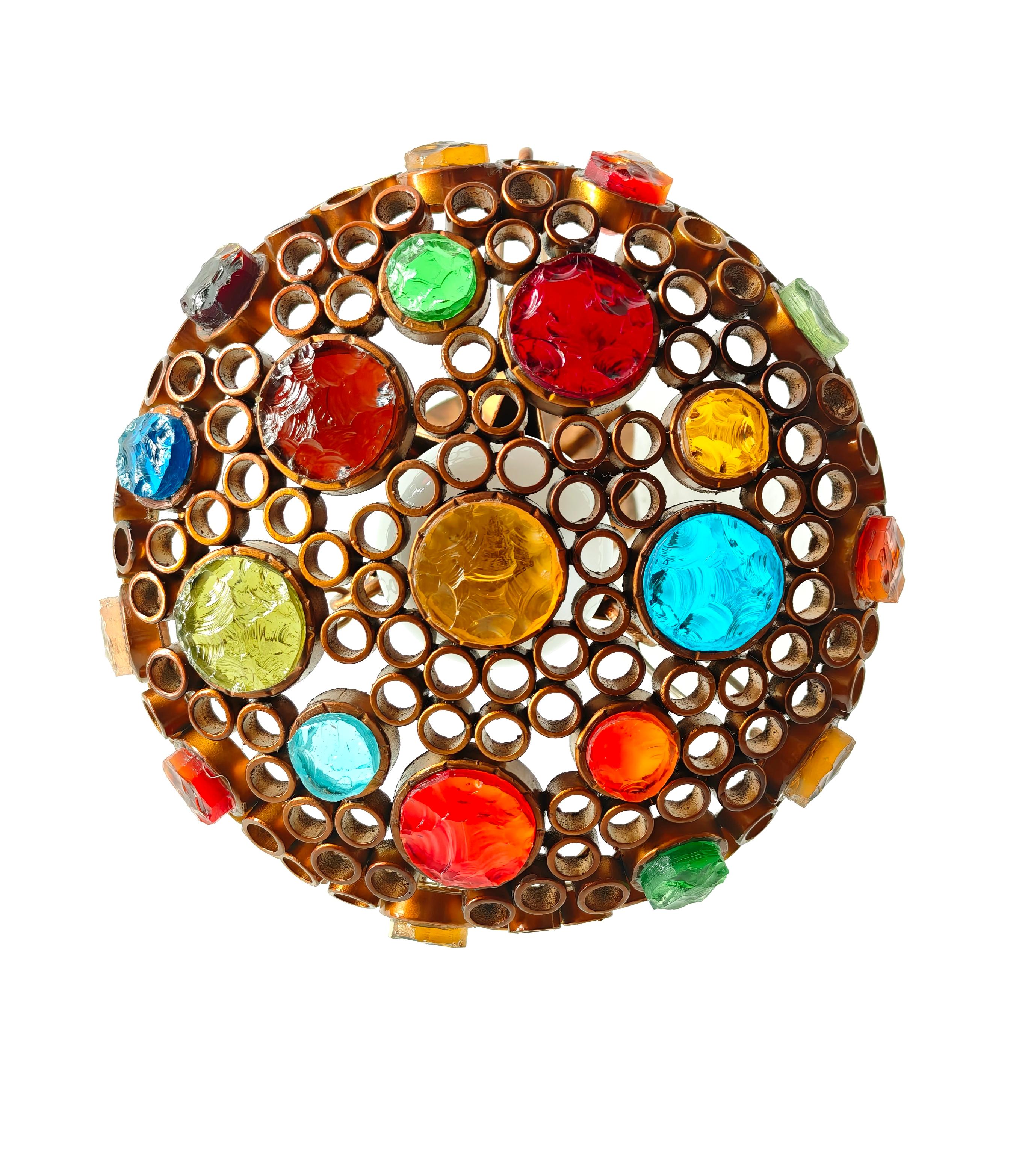 Laiton Lustre Poliarte du milieu du siècle dernier Fer et verre martelé Design/One Italie années 70 en vente