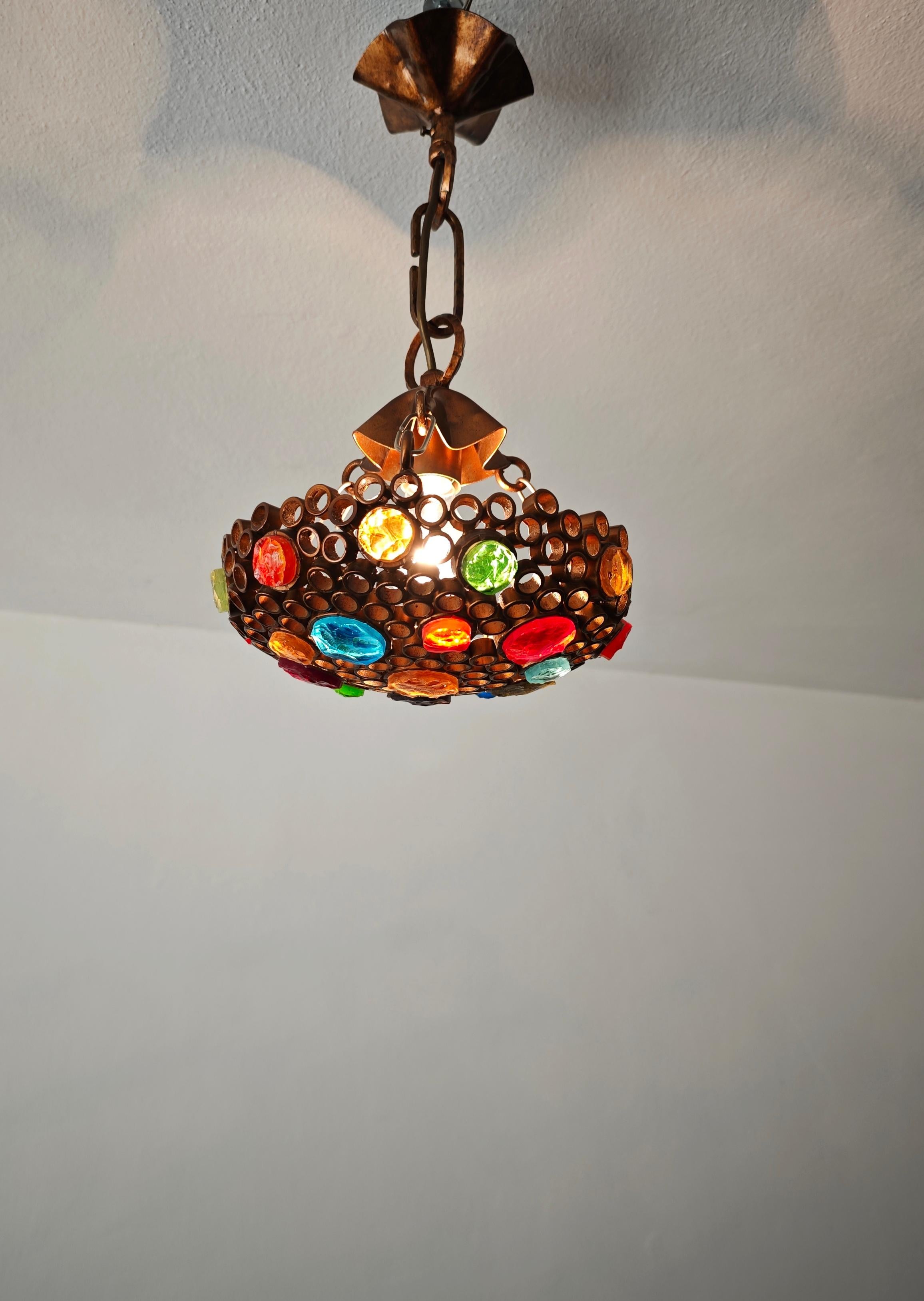Lustre Poliarte du milieu du siècle dernier Fer et verre martelé Design/One Italie années 70 en vente 2