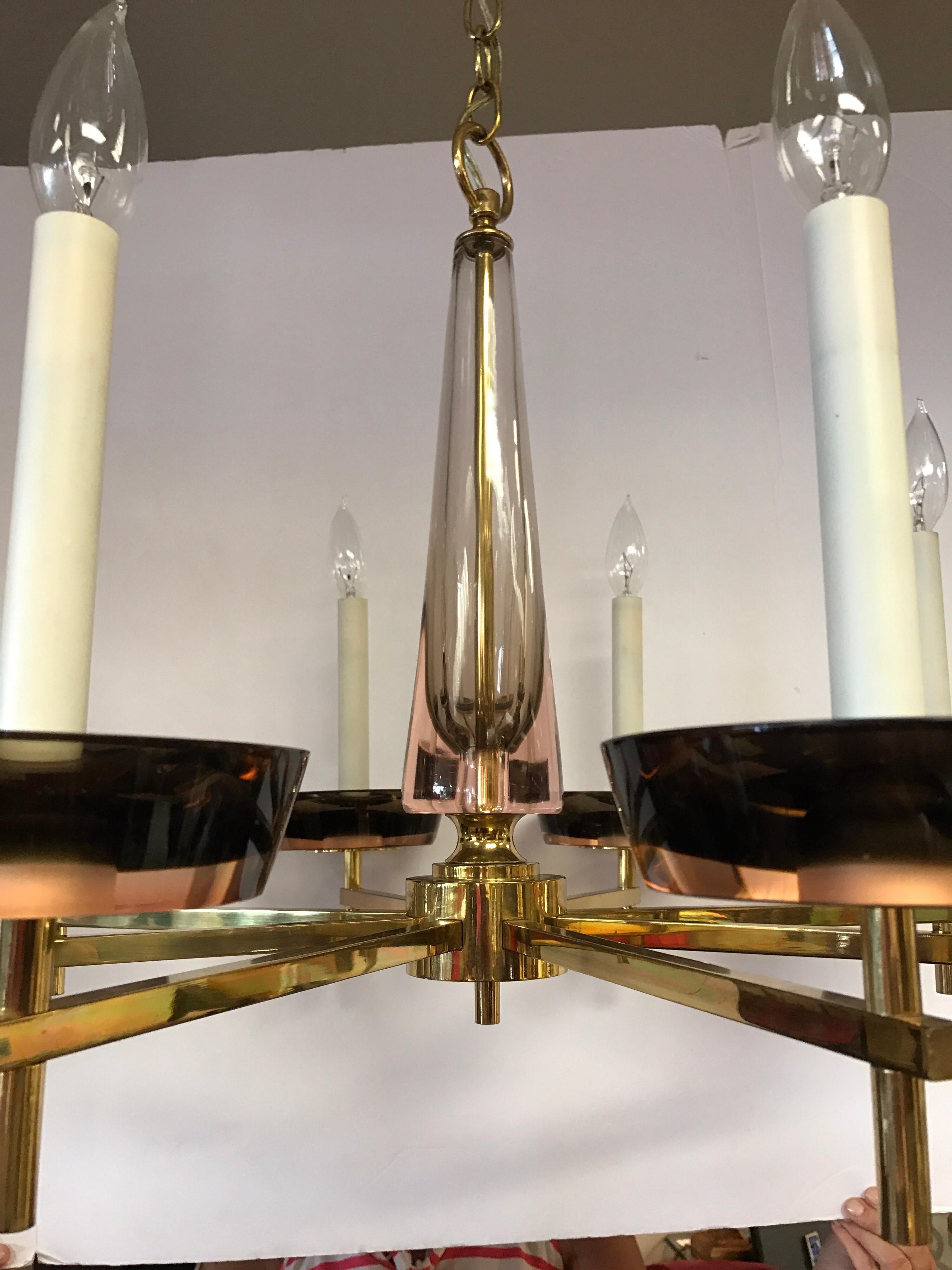 Mid-Century Modern Polished Brass and Murano Glass Chandelier Tommi Parzinger 1