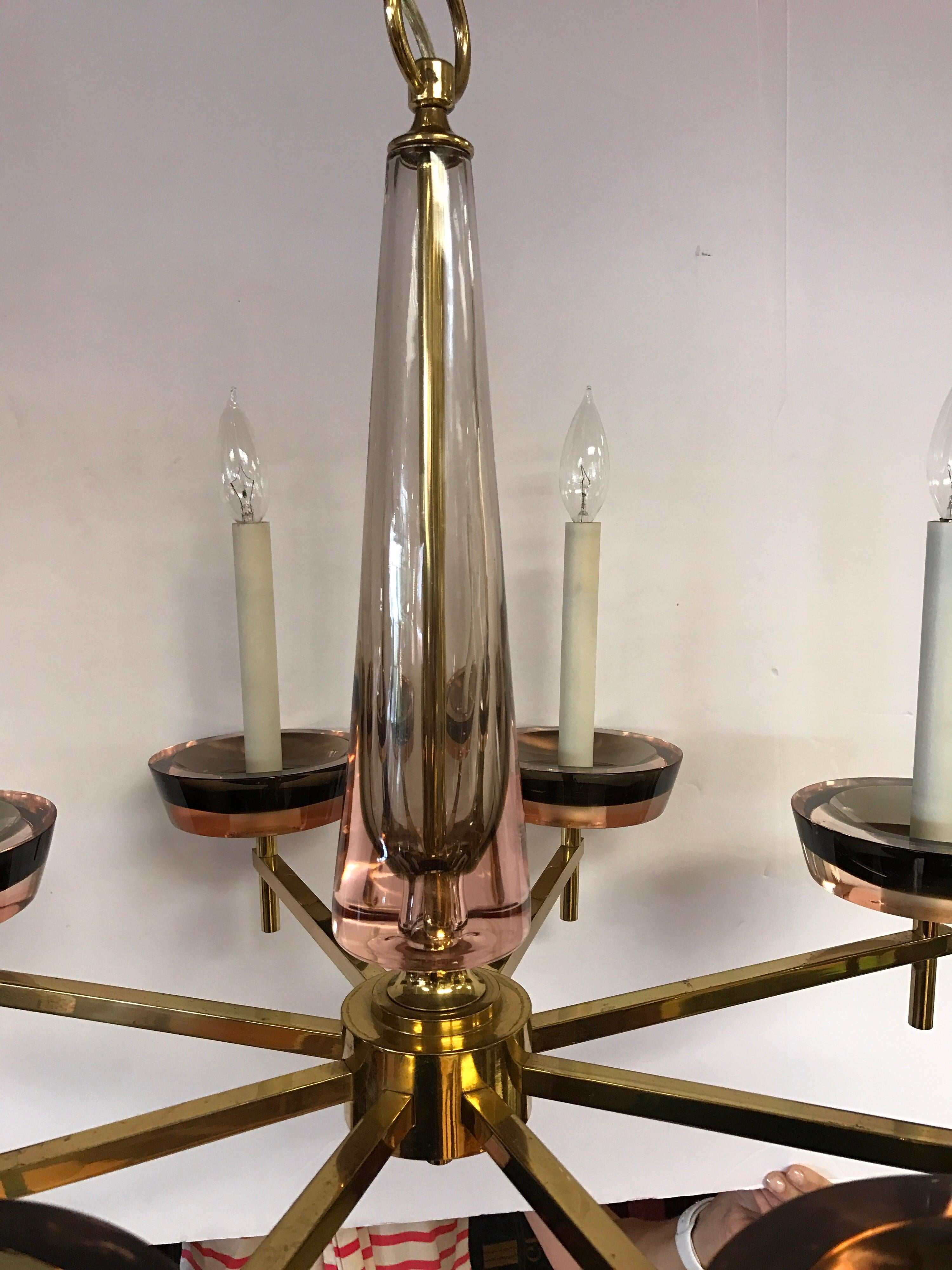 Mid-Century Modern Polished Brass and Murano Glass Chandelier Tommi Parzinger 3