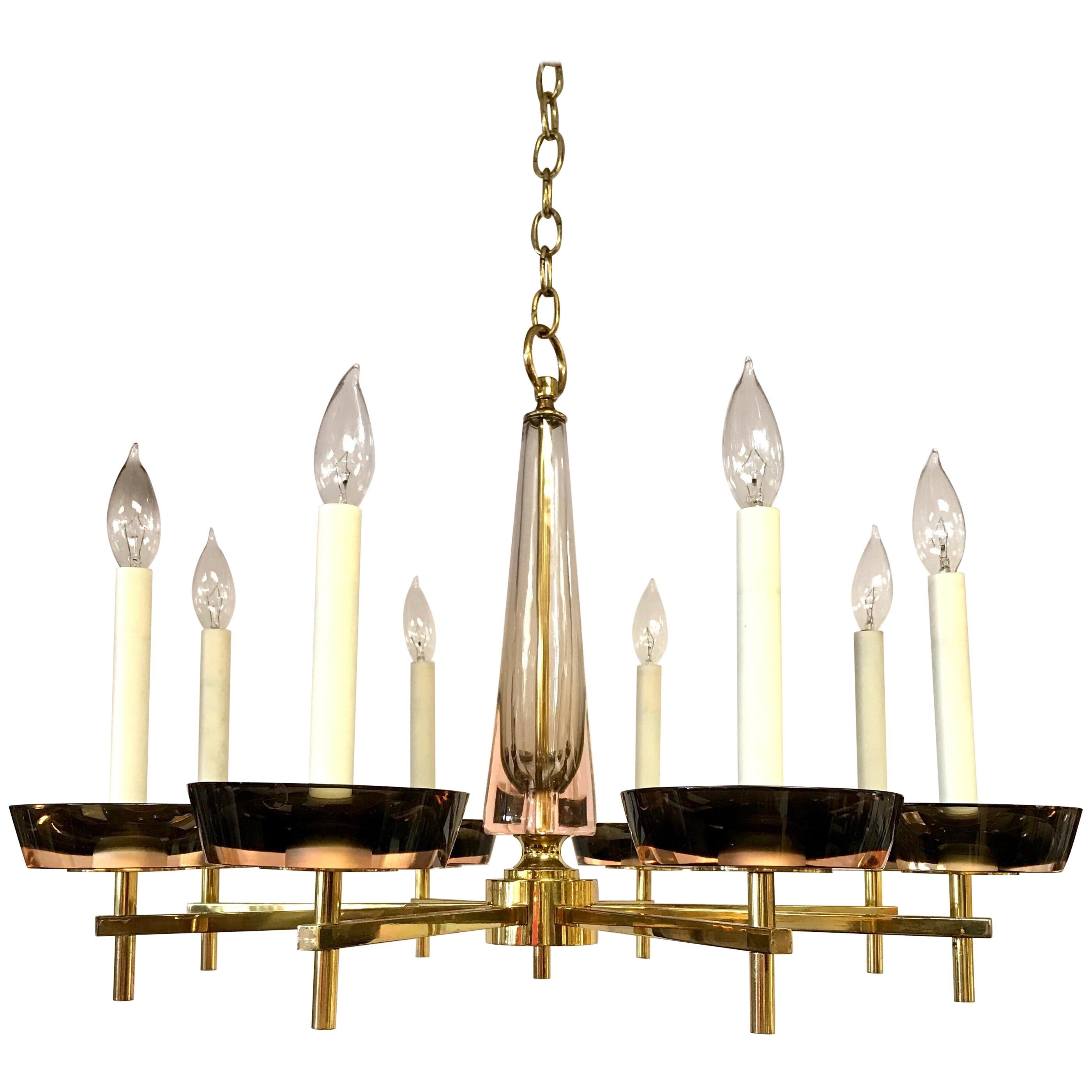 Mid-Century Modern Polished Brass and Murano Glass Chandelier Tommi Parzinger