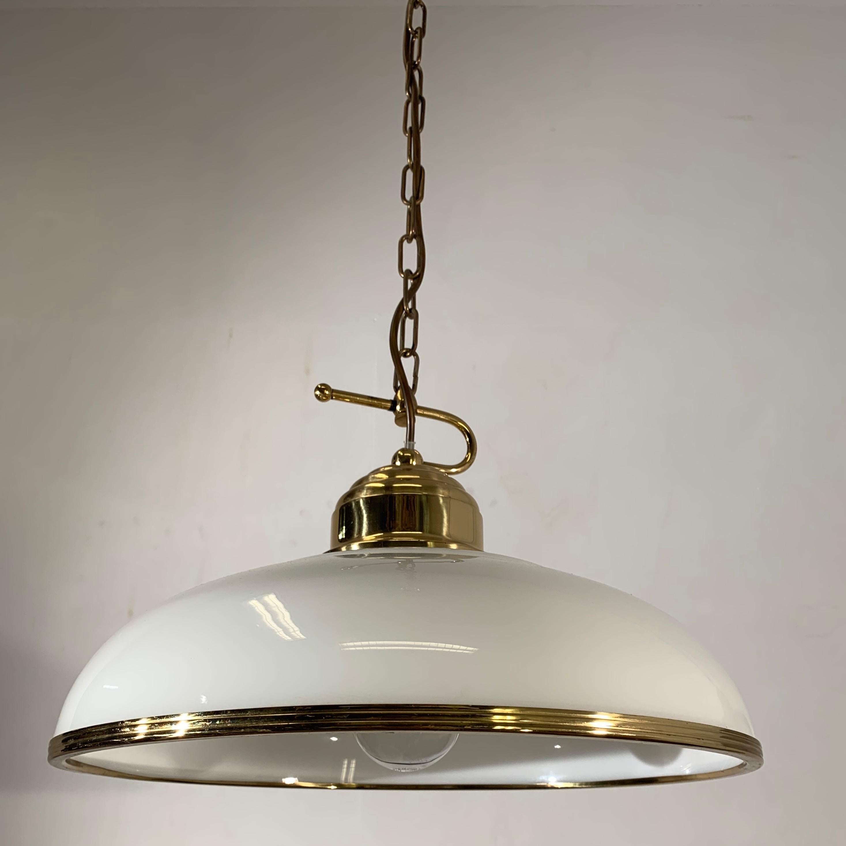 Mid-Century Modern Polished Brass and Opaline Glass Pendant Light Chandelier 3