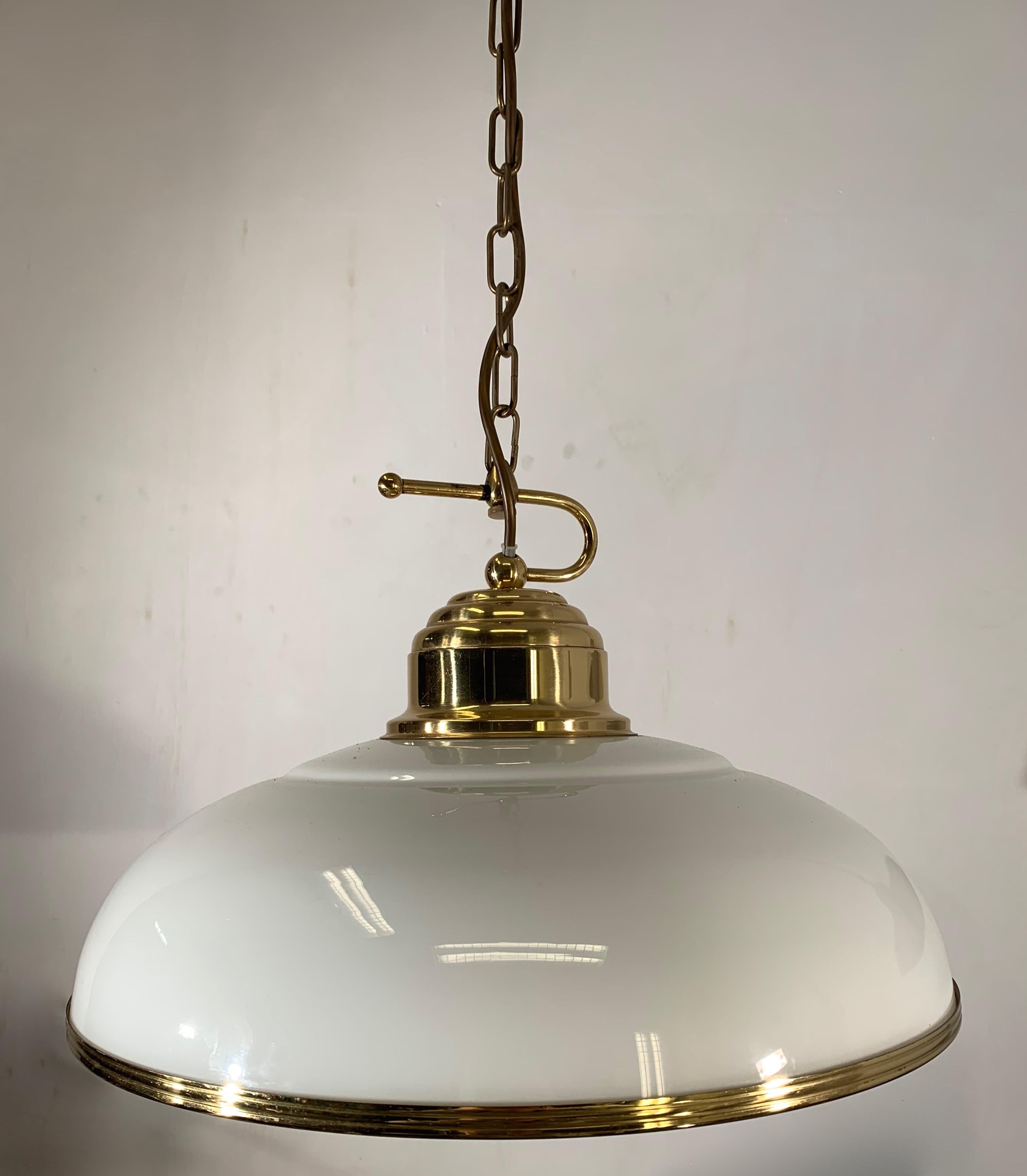 Mid-Century Modern Polished Brass and Opaline Glass Pendant Light Chandelier 6