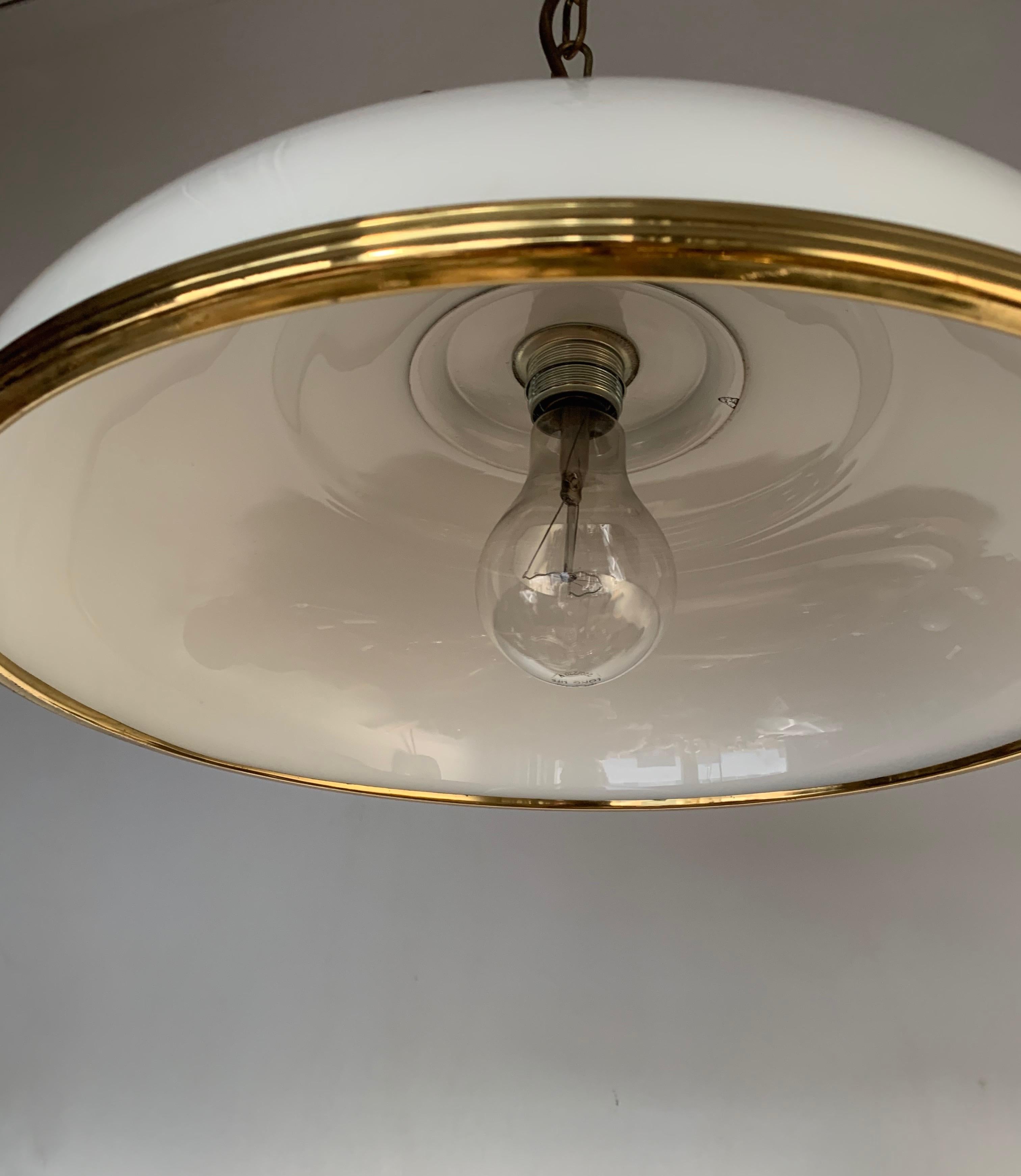 Mid-Century Modern Polished Brass and Opaline Glass Pendant Light Chandelier 7
