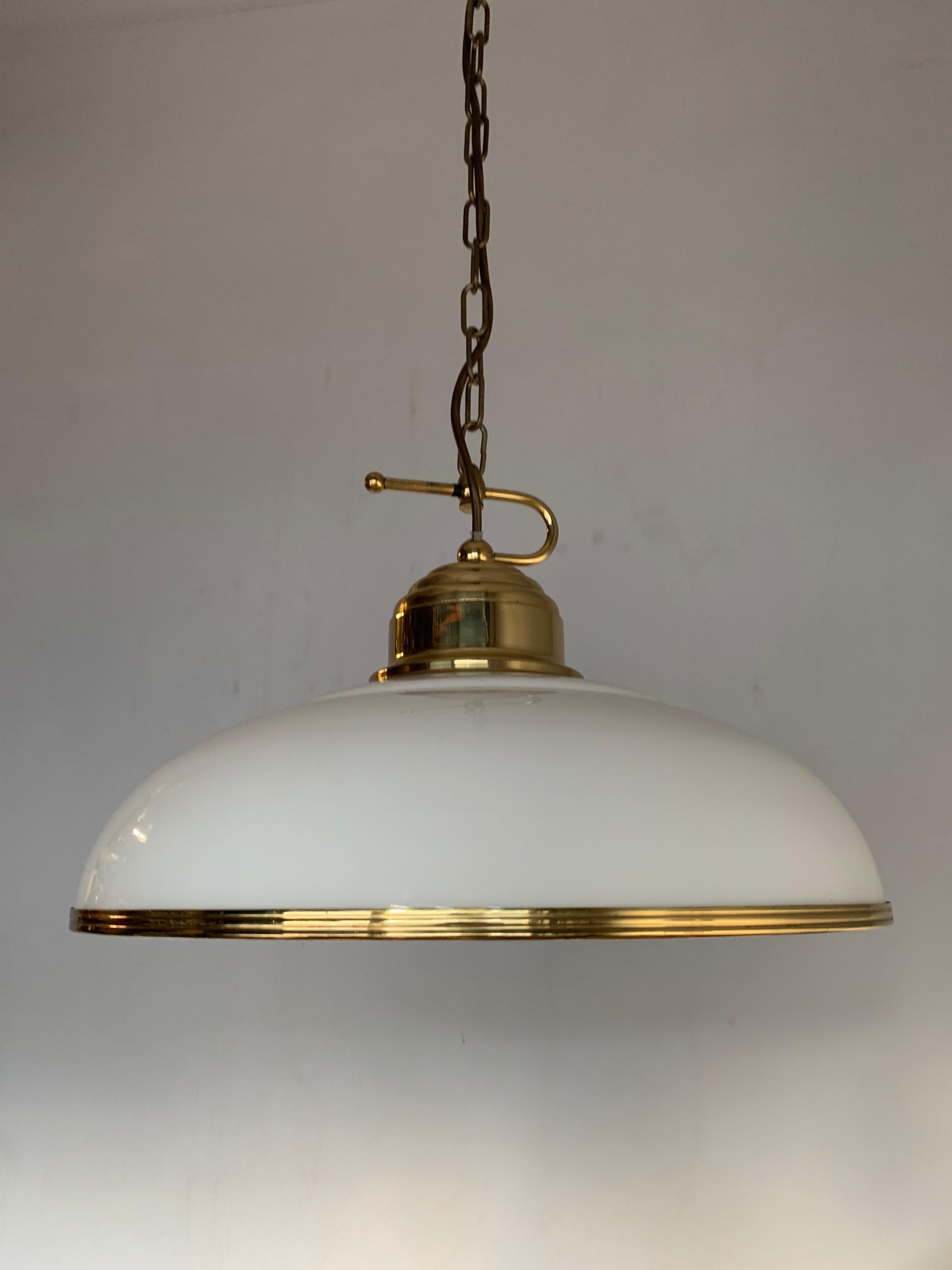 Mid-Century Modern Polished Brass and Opaline Glass Pendant Light Chandelier 8