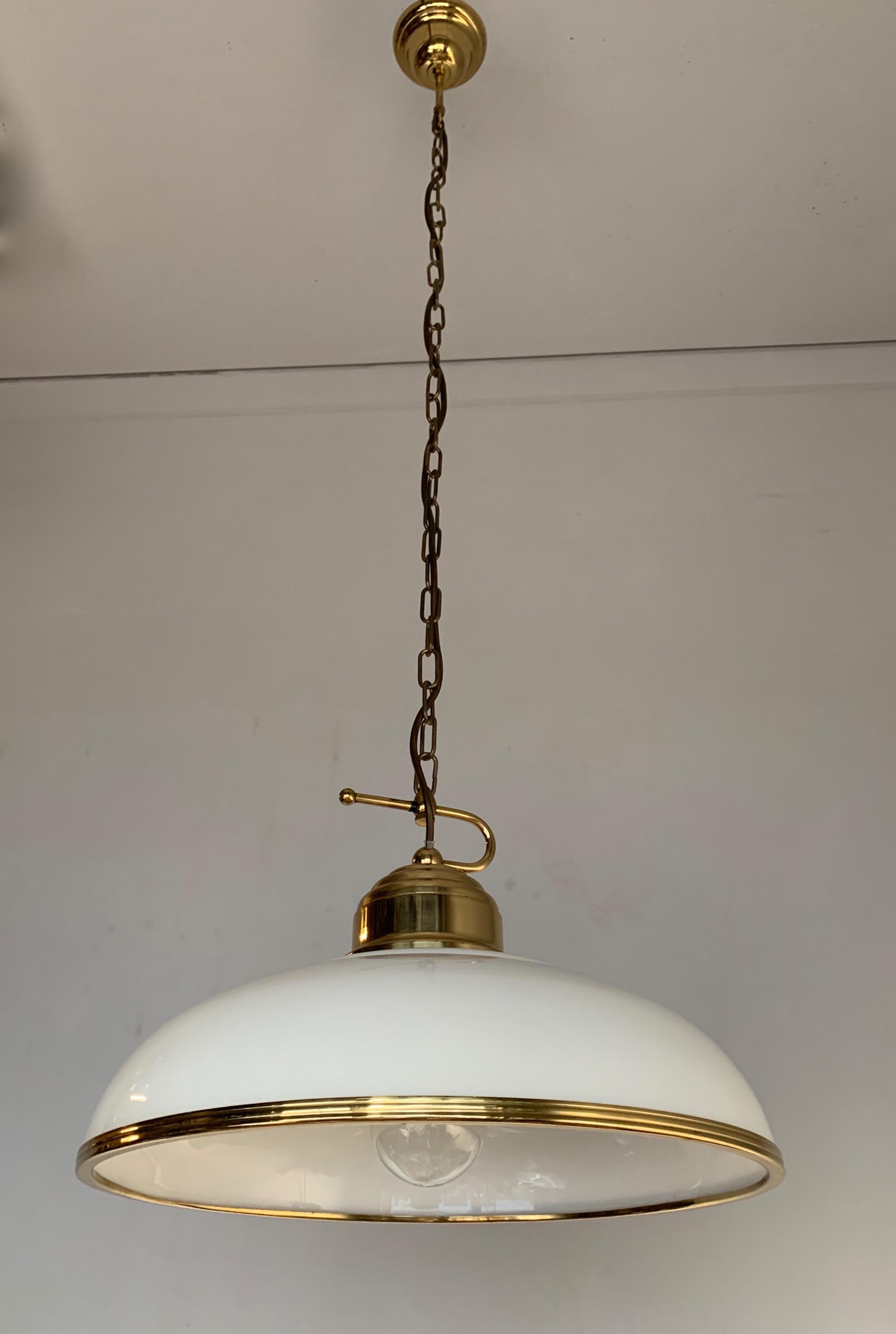 Mid-Century Modern Polished Brass and Opaline Glass Pendant Light Chandelier 10