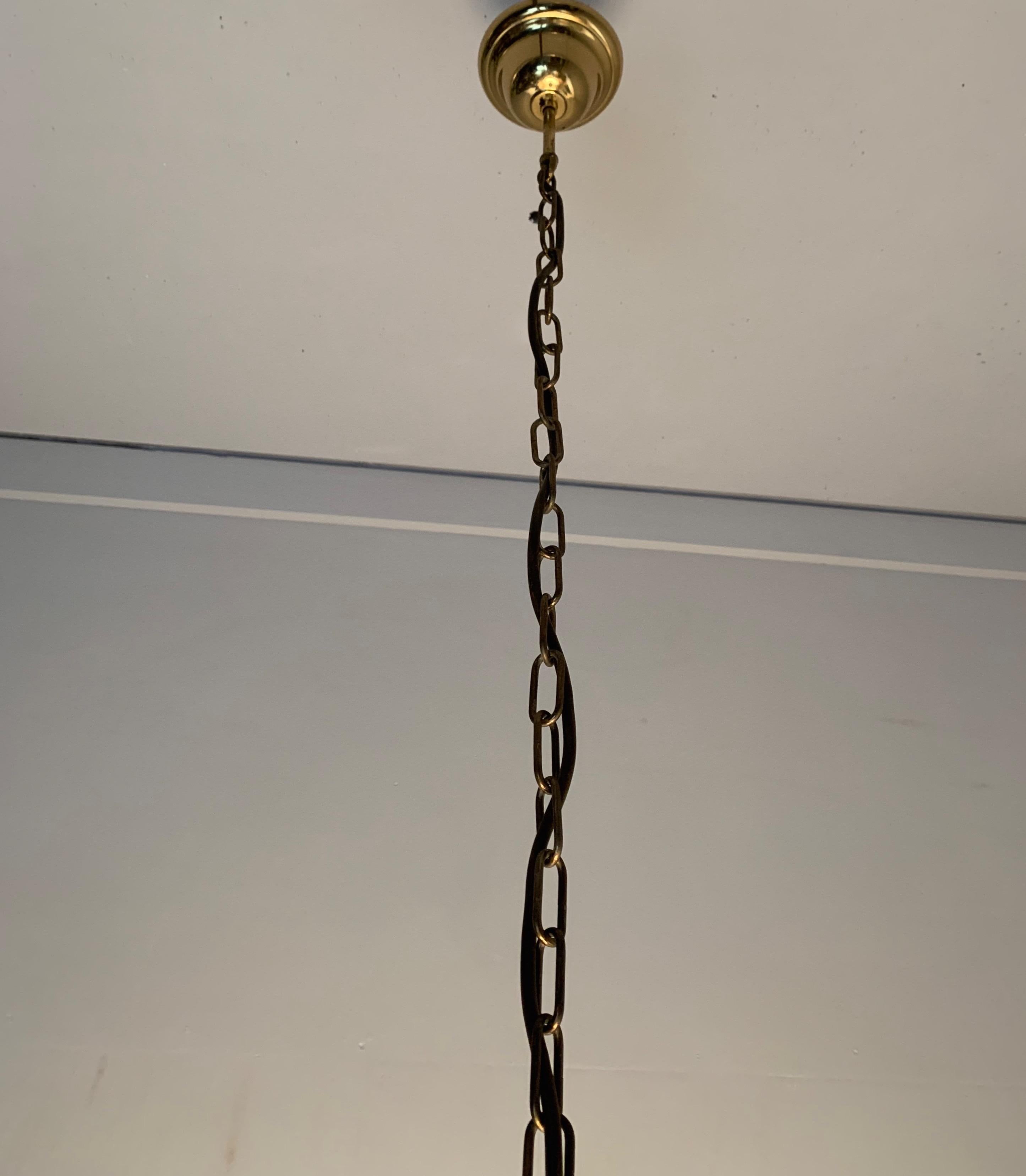 Mid-Century Modern Polished Brass and Opaline Glass Pendant Light Chandelier 11
