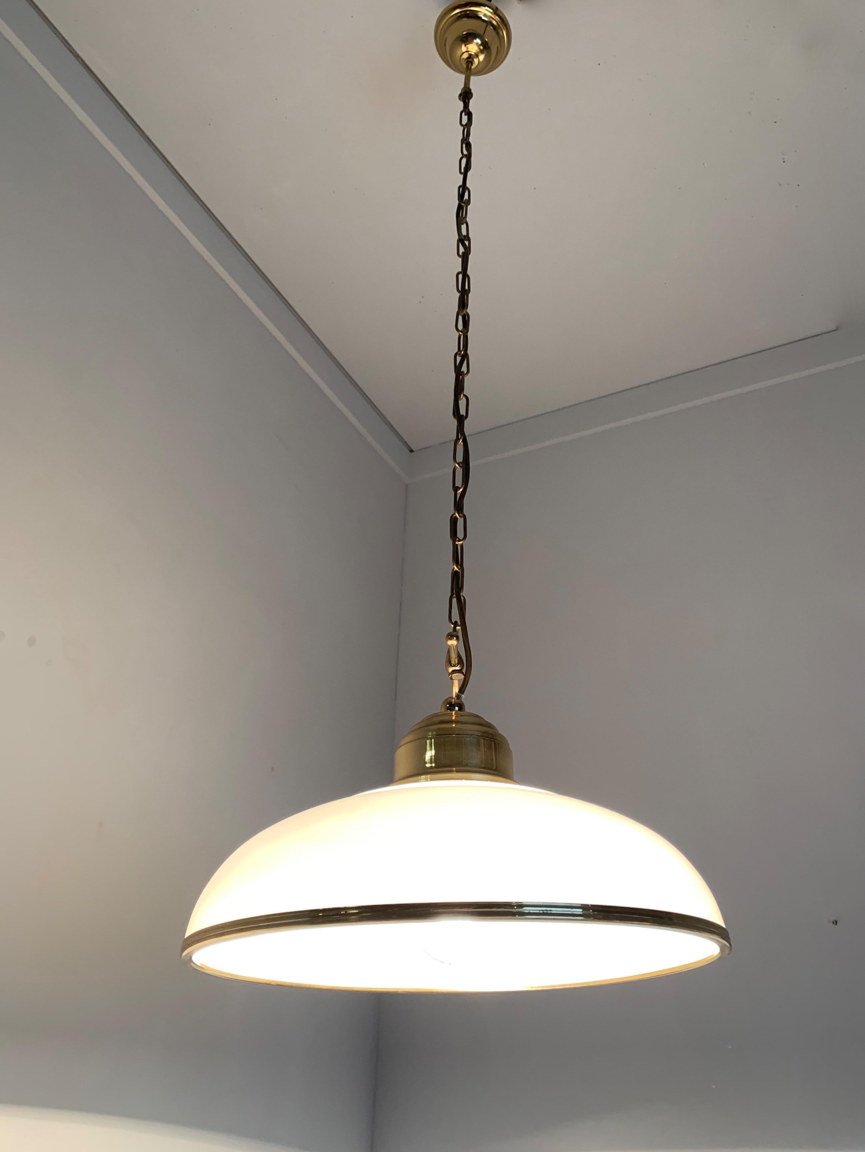 Industrial Mid-Century Modern Polished Brass and Opaline Glass Pendant Light Chandelier