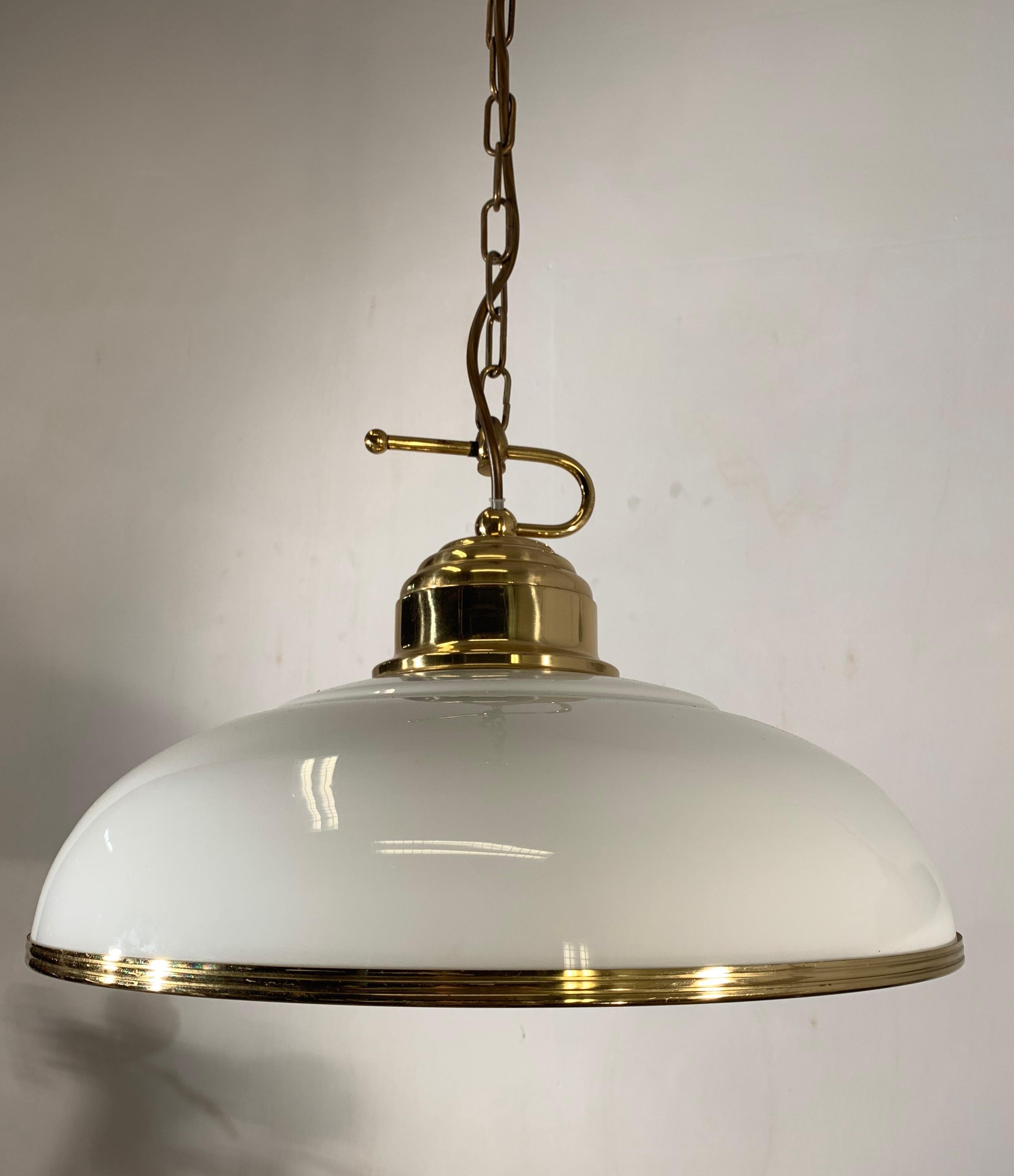 European Mid-Century Modern Polished Brass and Opaline Glass Pendant Light Chandelier