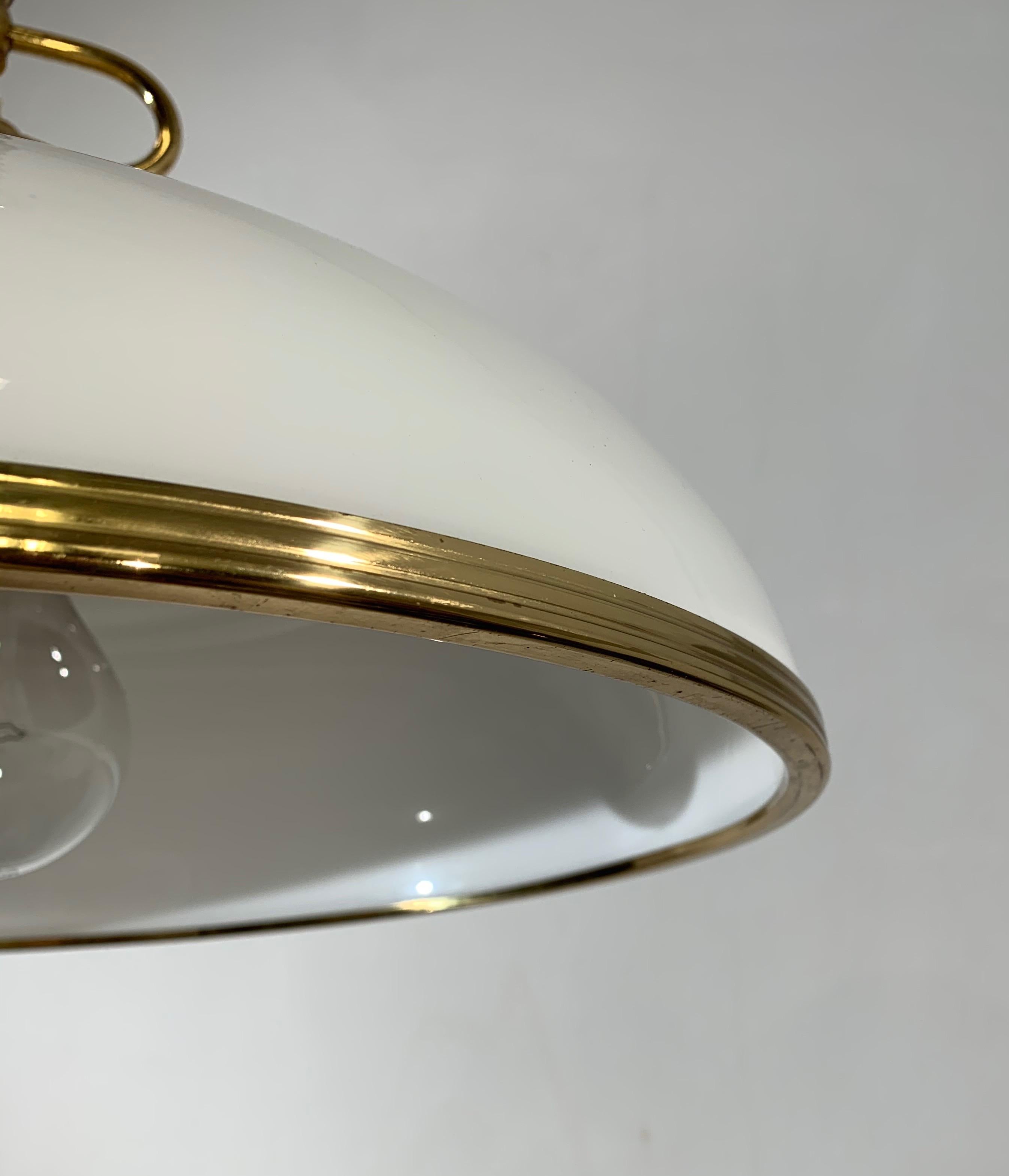 Patinated Mid-Century Modern Polished Brass and Opaline Glass Pendant Light Chandelier