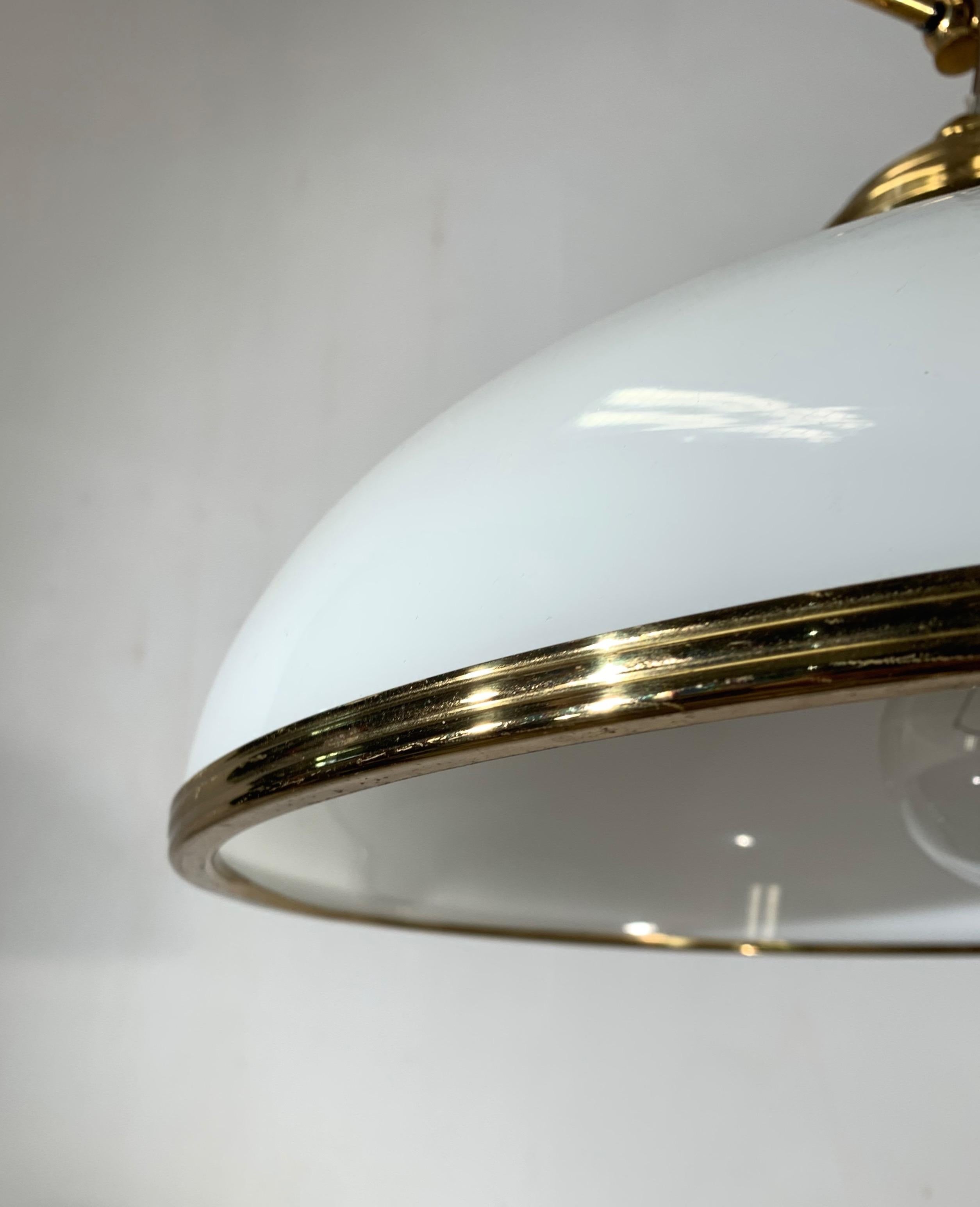 Mid-Century Modern Polished Brass and Opaline Glass Pendant Light Chandelier In Excellent Condition In Lisse, NL