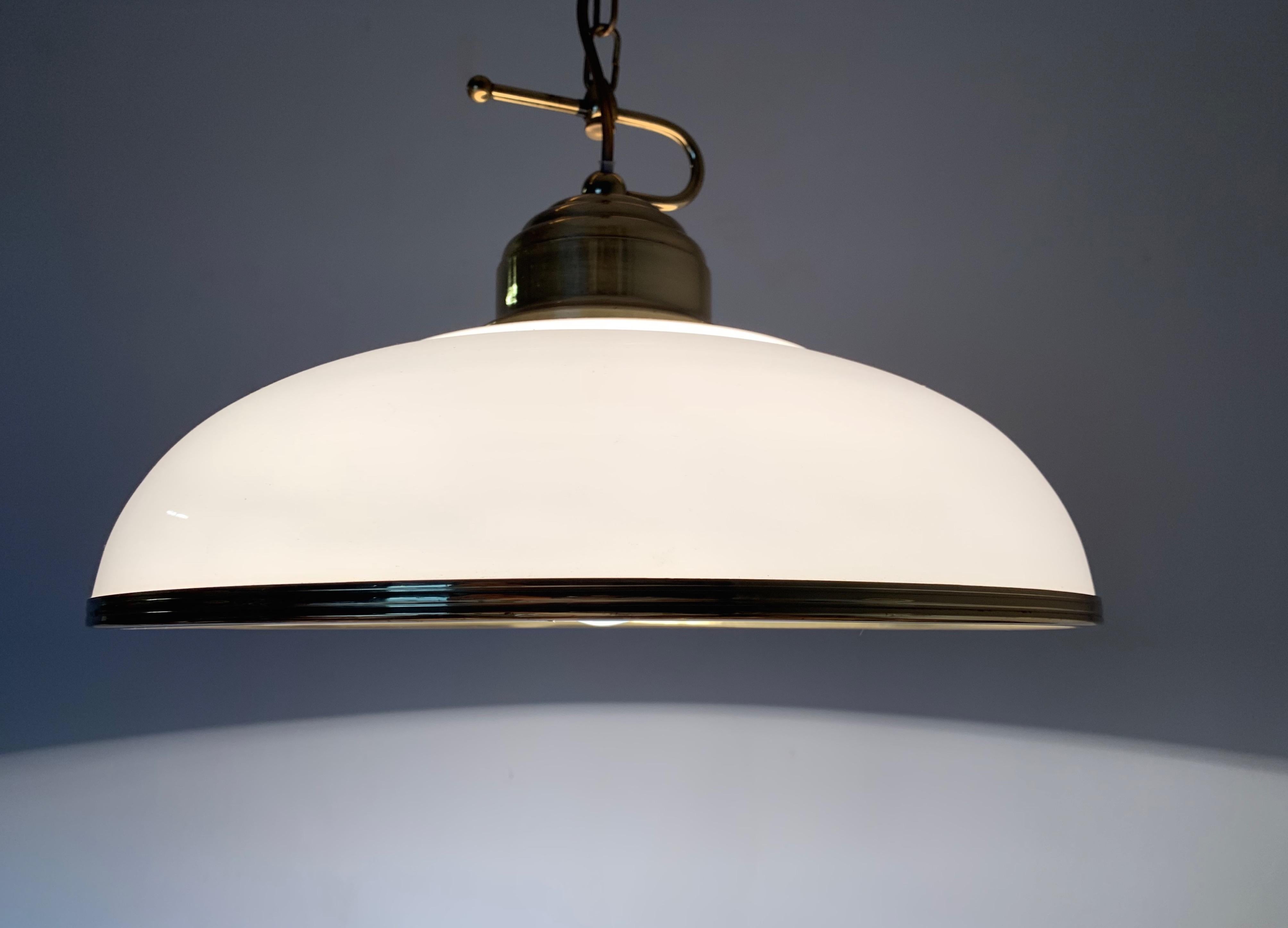 20th Century Mid-Century Modern Polished Brass and Opaline Glass Pendant Light Chandelier