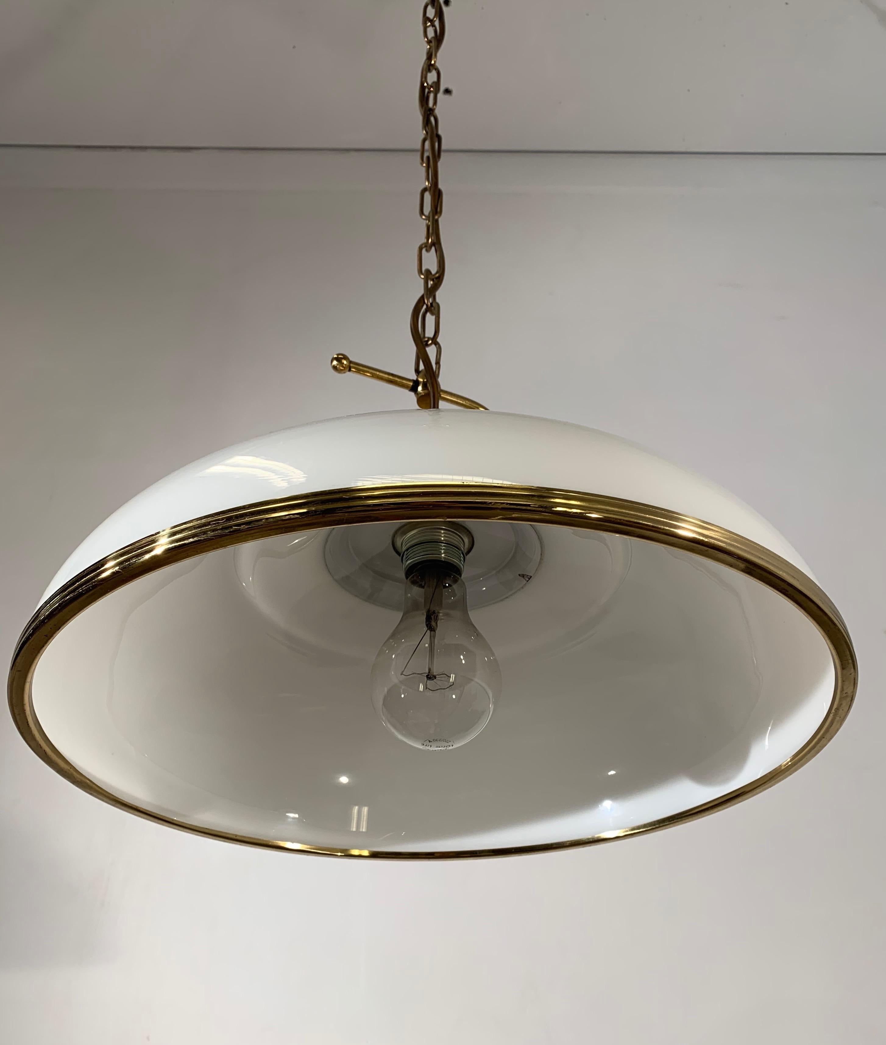 Mid-Century Modern Polished Brass and Opaline Glass Pendant Light Chandelier 1