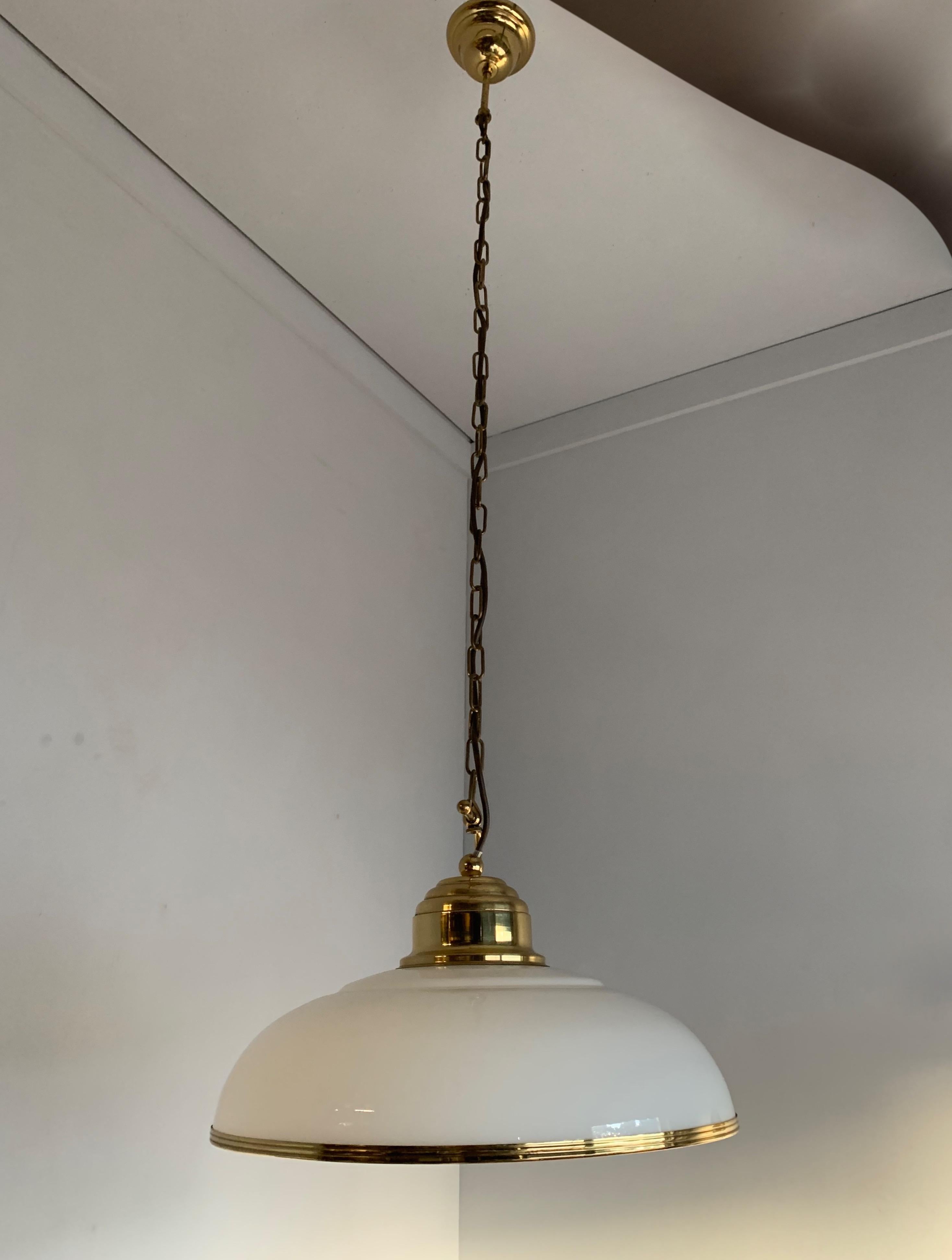 Mid-Century Modern Polished Brass and Opaline Glass Pendant Light Chandelier 2