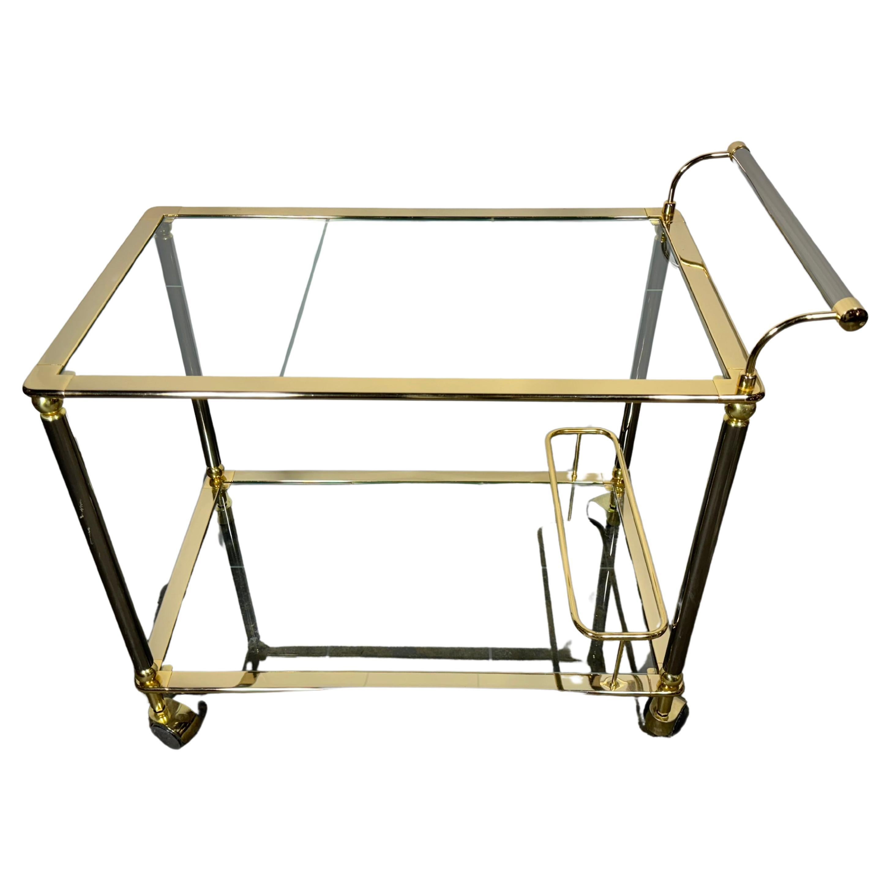 Mid-Century Modern Polished Brass Two-Tier Service Bar Cart on Wheels